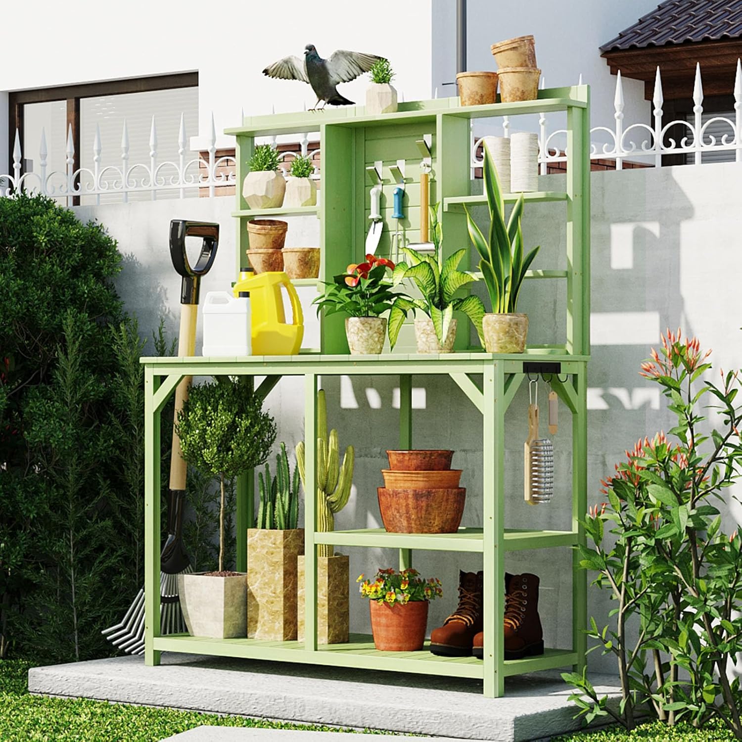 Outdoor Garden Potting Bench Table with 6-Tier Storage Shelves and Side Hook, 64.6" Large Wooden Patio Work Station, Potting Benches for Outside, Mudroom Backyard Work Bench Table (White)