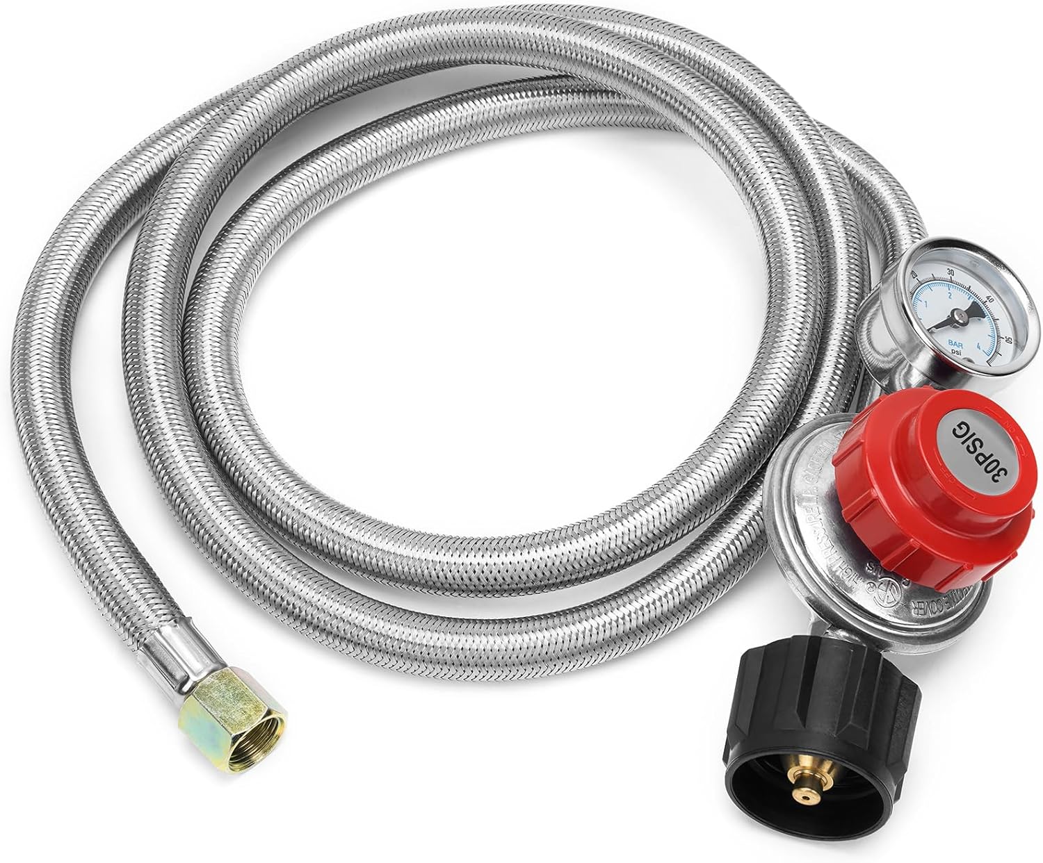 only 5Ft 0-30PSI Adjustable Propane Regulator Stainless Steel Braided Hose QCC/Type 1 Connection with Gauge for Grills, Burners, Heaters, Cookers, Fire Pits and More