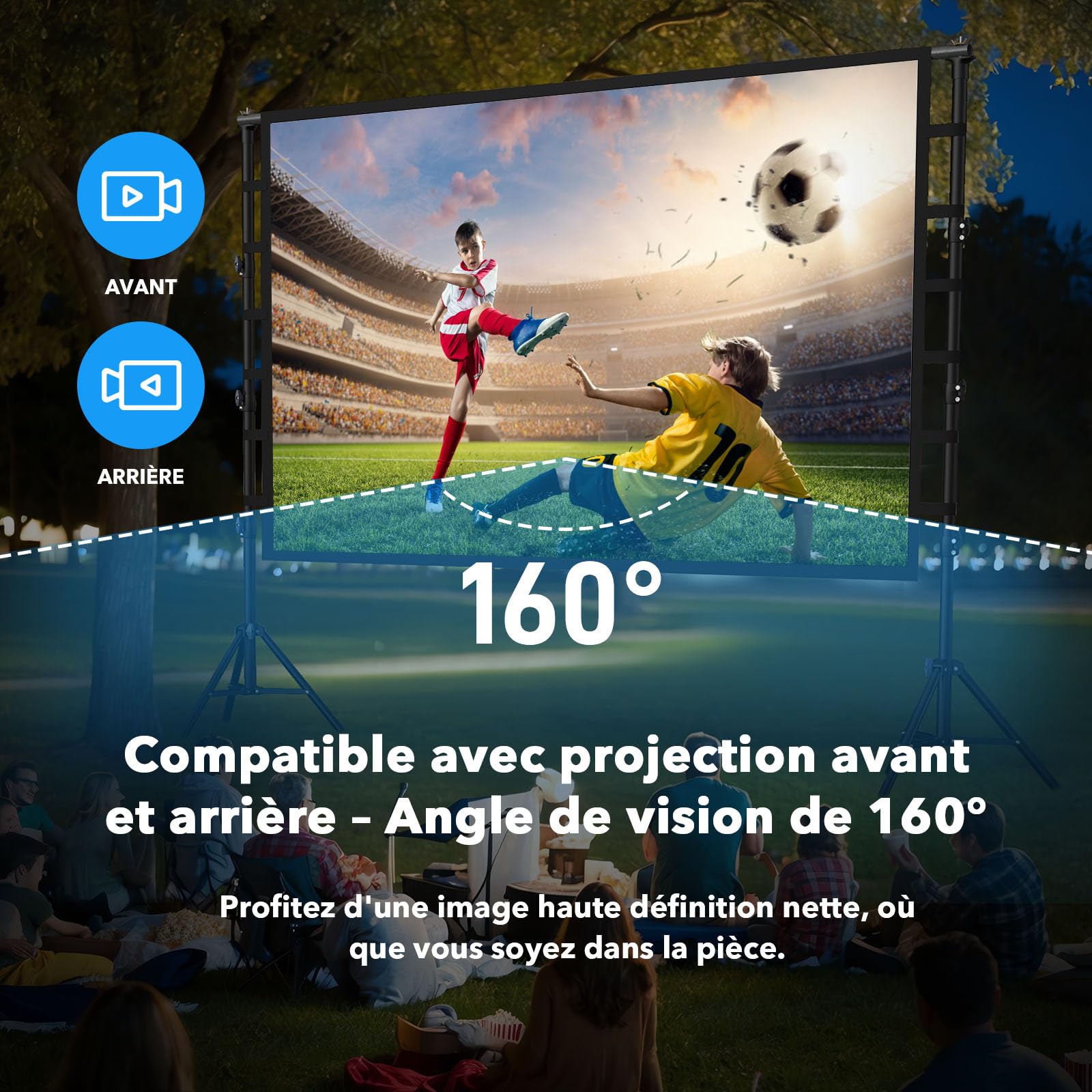 Écran de projection d'extérieur avec trépied 150" : écran de projection portable 16:9 4K HD, écran de cinéma pour intérieur/extérieur, avec sac de transport et support réglable en hauteur pour