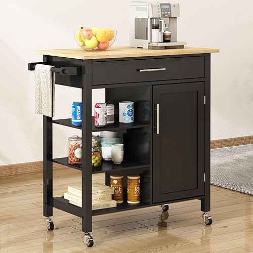 SogesHome Carrito de isla de cocina de 3 niveles, aparador y buffet con 2 ruedas con cerradura, carrito de bar con encimera grande, con soporte para