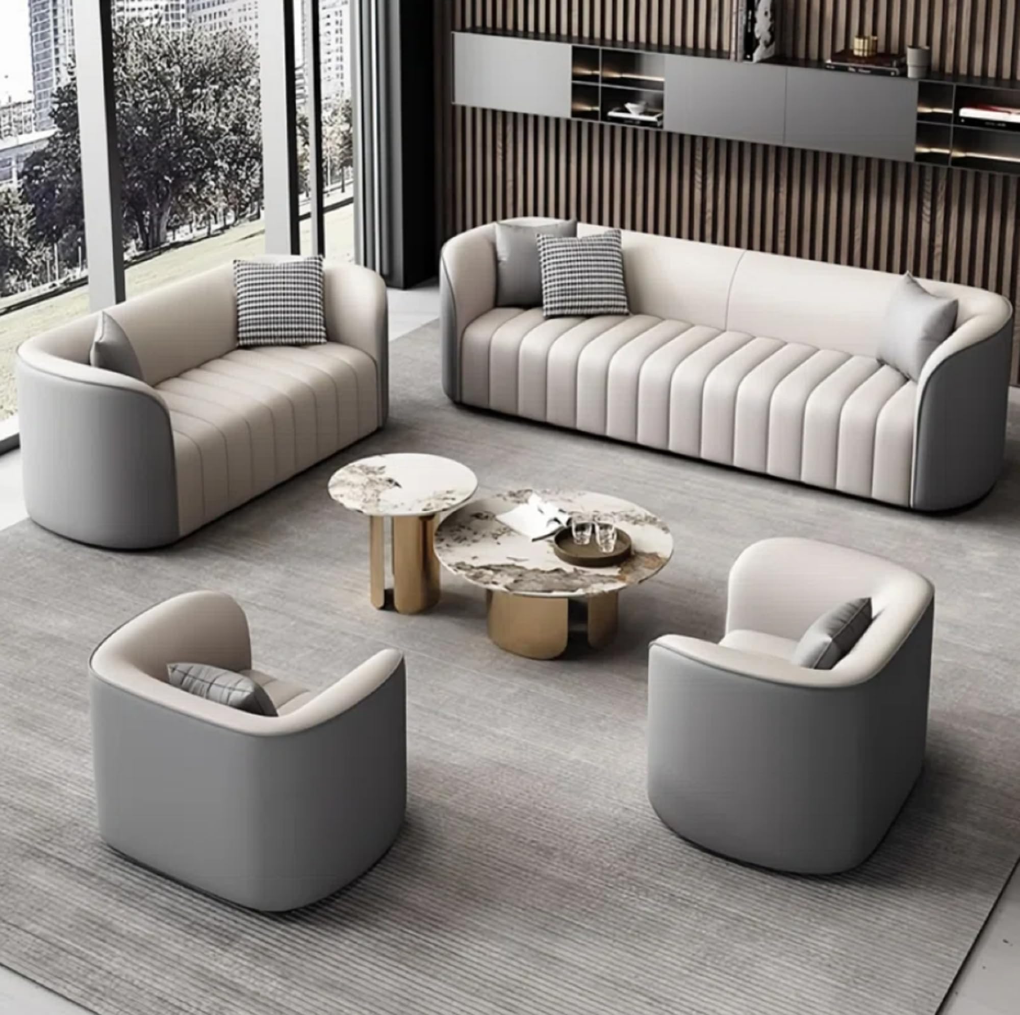 – Premium Leather Complete Sofa Set – 3 Seater Sofa + 2 Seater Loveseat with 2 Armchairs for Elegant Living Room Seating (Grey)