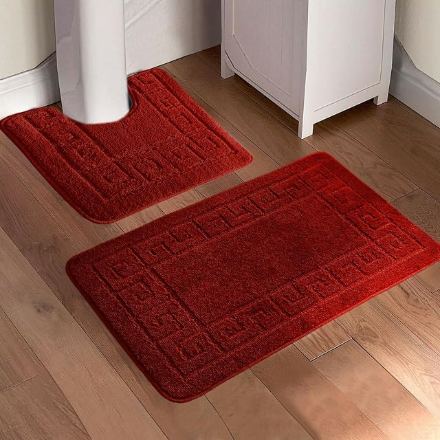 STHL Greek Style 2 Piece Bath Mat Set Absorbable Bathroom Pedestal Rugs Set Non Slip (Red)