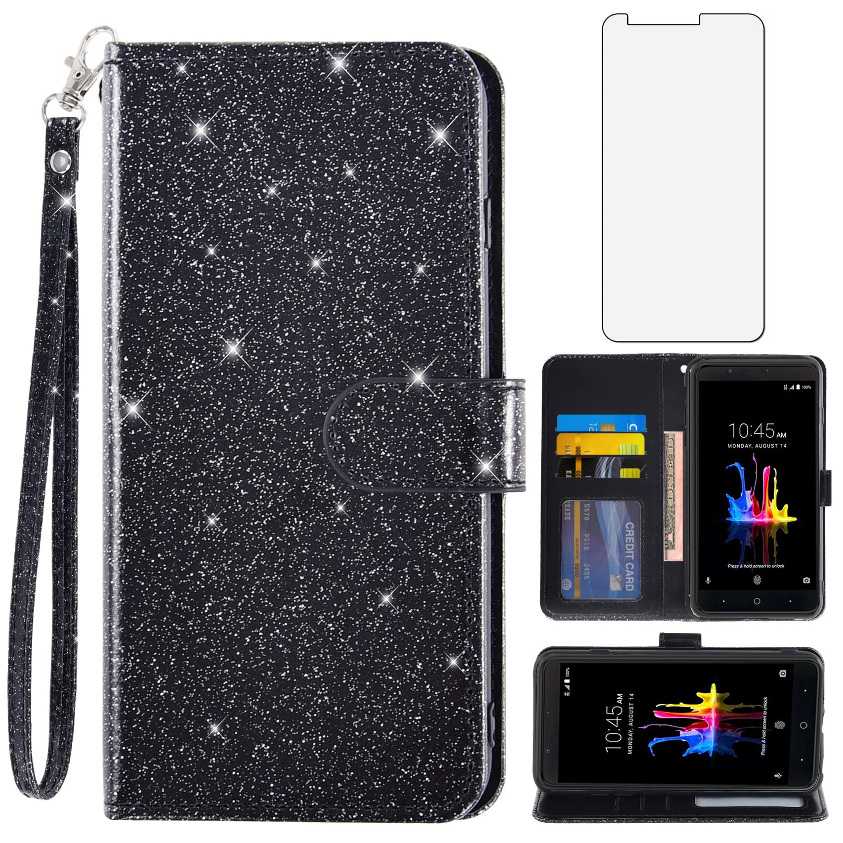 Asuwish Phone Case for ZTE Blade ZMax Z982 with Tempered Glass Screen  Protector and Glitter Wallet Cover Card Holder Slot Stand Cell Accessories
