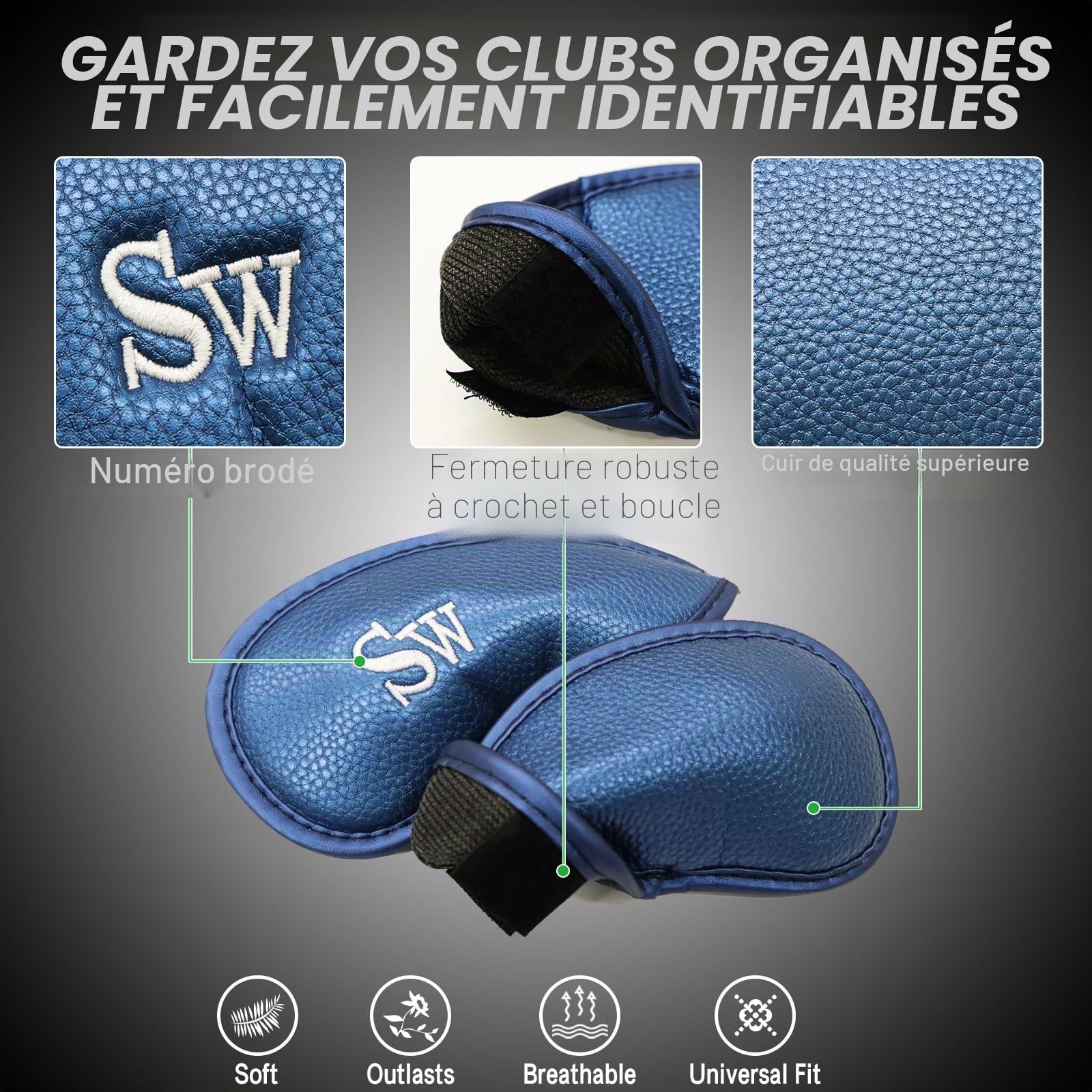 Lot de 12 housses de club de golf en cuir synthétique avec chiffres imprimés - Durable - Pour homme et femme - Ajustement universel à tous les clubs de fer