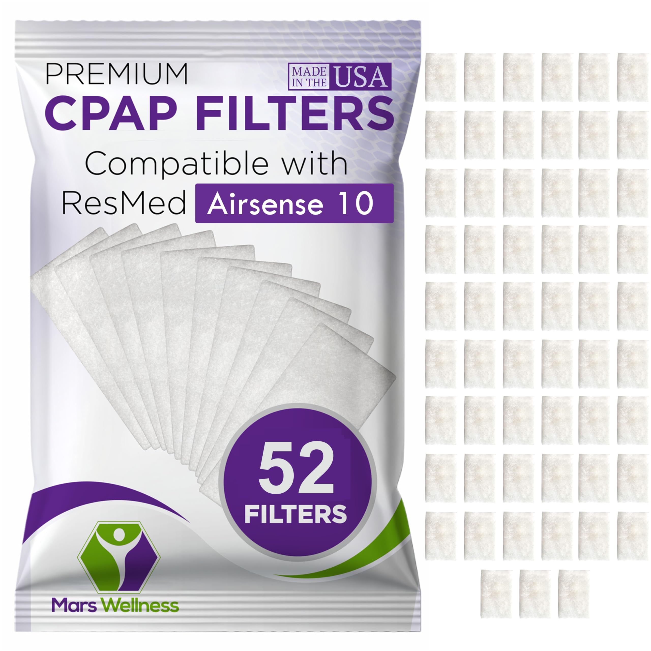 CPAP Filters Compatible with ResMed Airsense 10, Aircurve 10, S9 Series Machines Disposable Felt Pollen air Filter - 52 Pack 1 Year Supply - Made in The USA CPAP Filter Supplies