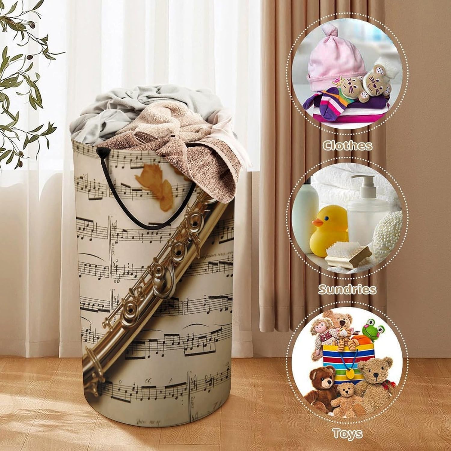Flute Music Laundry Hamper with Handles Waterproof Collapsible Laundry Basket Large Lightweight Round Dirty Clothes Hamper for Home Dorm Bathroom Decor