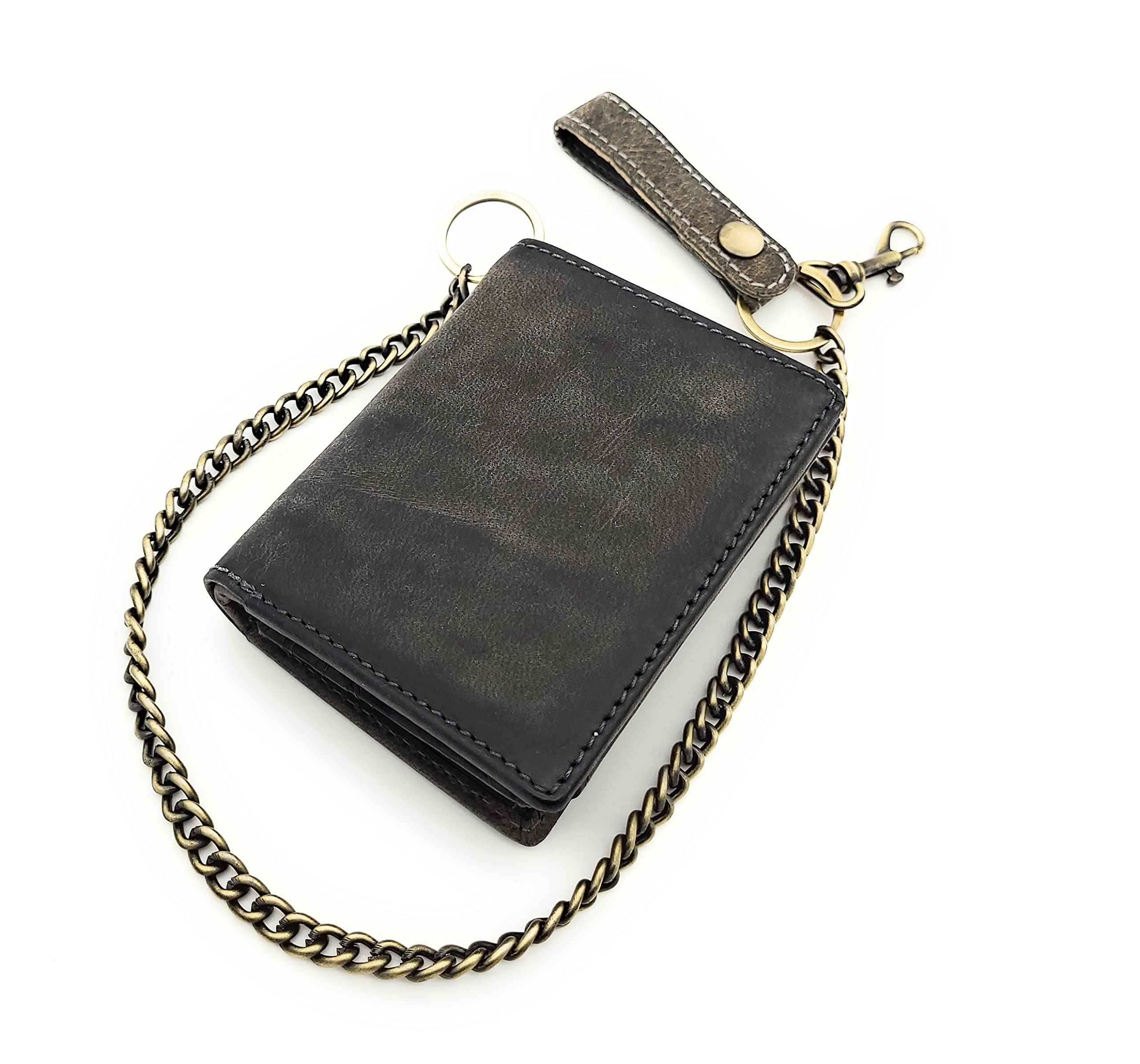 Biker Geldbörse mit Kette naturbelassenes Hunterleder Portemonnaie mit RFID Schutz Totenkopf, Gris Neutral, medium, Contemporáneo