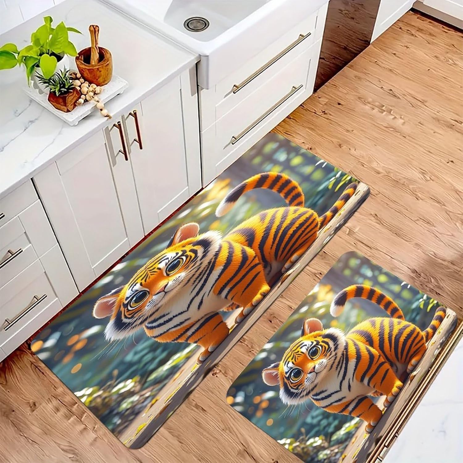 Tiger Stripes Orange Kitchen Mats for Floor 2PCS Waterproof Non-Slip Kitchen Rugs Cushioned Anti-Fatigue Mat Heavy Duty Floor Mats Comfort Standing Mat for Kitchen Home Office Laundry image 2