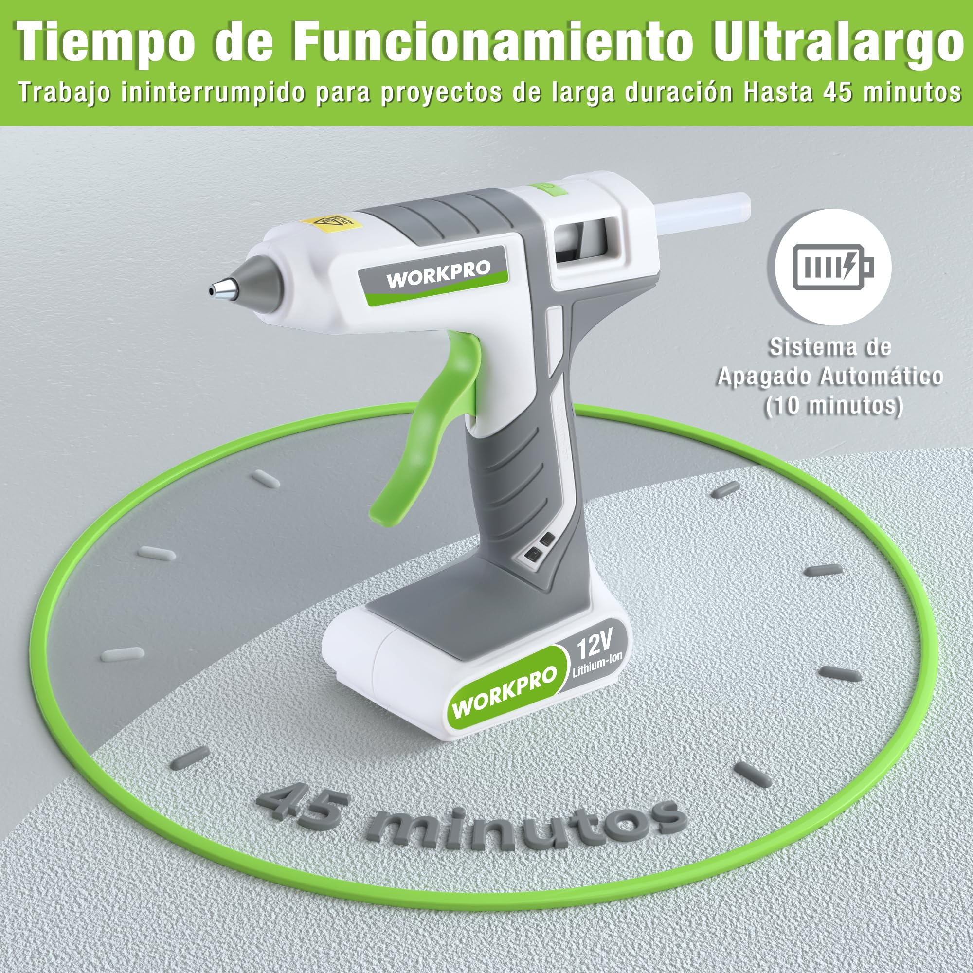 WORKPRO 12V Pistola de Silicona Caliente Inalámbrica, Pistola de Pegamento Termofusible a Batería, Pistola de Encolar con 15 Barras de Pegamento (11 * 200 mm), Precalentamiento Rápido, para Bricolaje