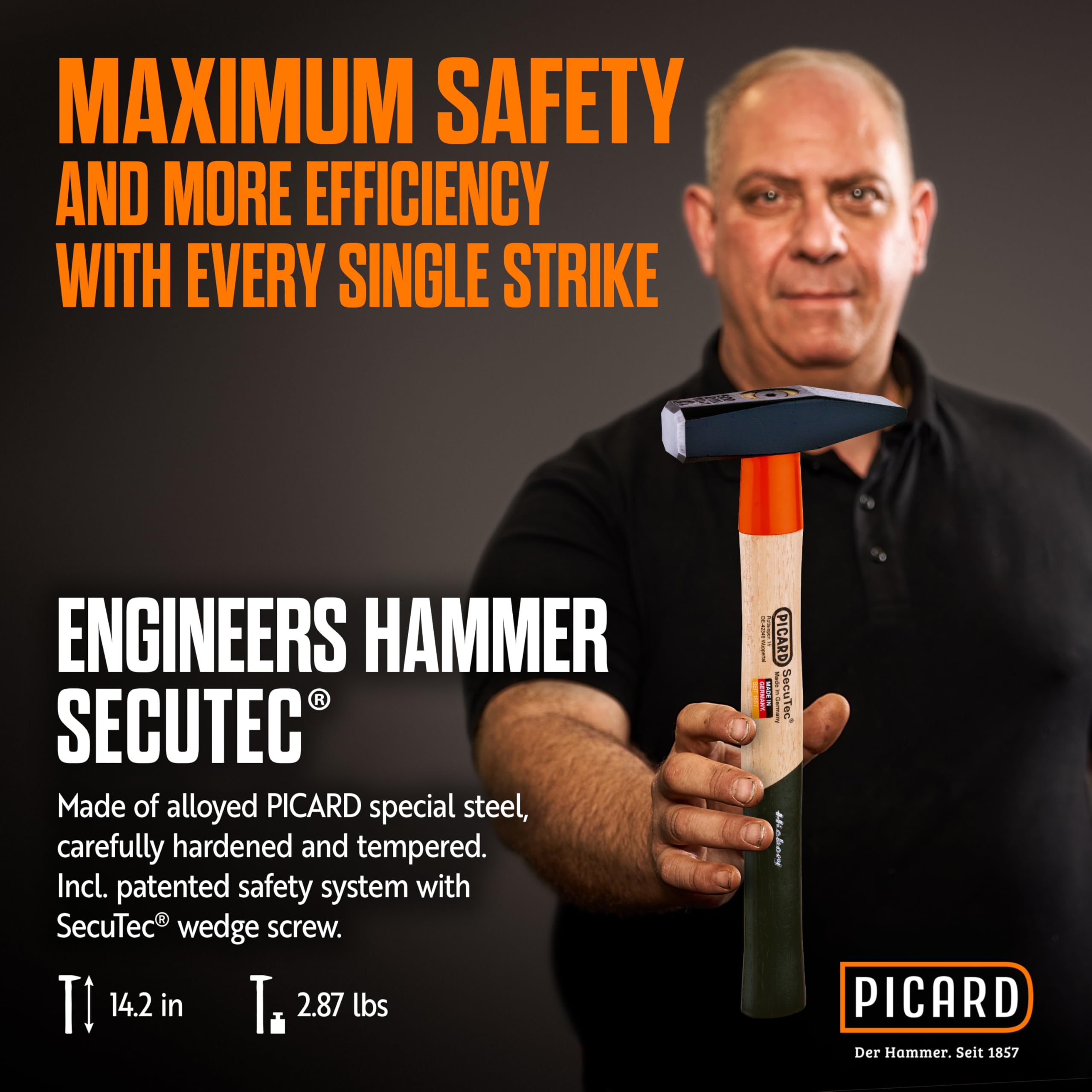 Martello da fabbro PICARD SecuTec® n. 12 HS, 1000 g | Martello professionale con testa in acciaio speciale | Rivestimento anticorrosione nero | Sistema di fissaggio sicuro SecuTec®