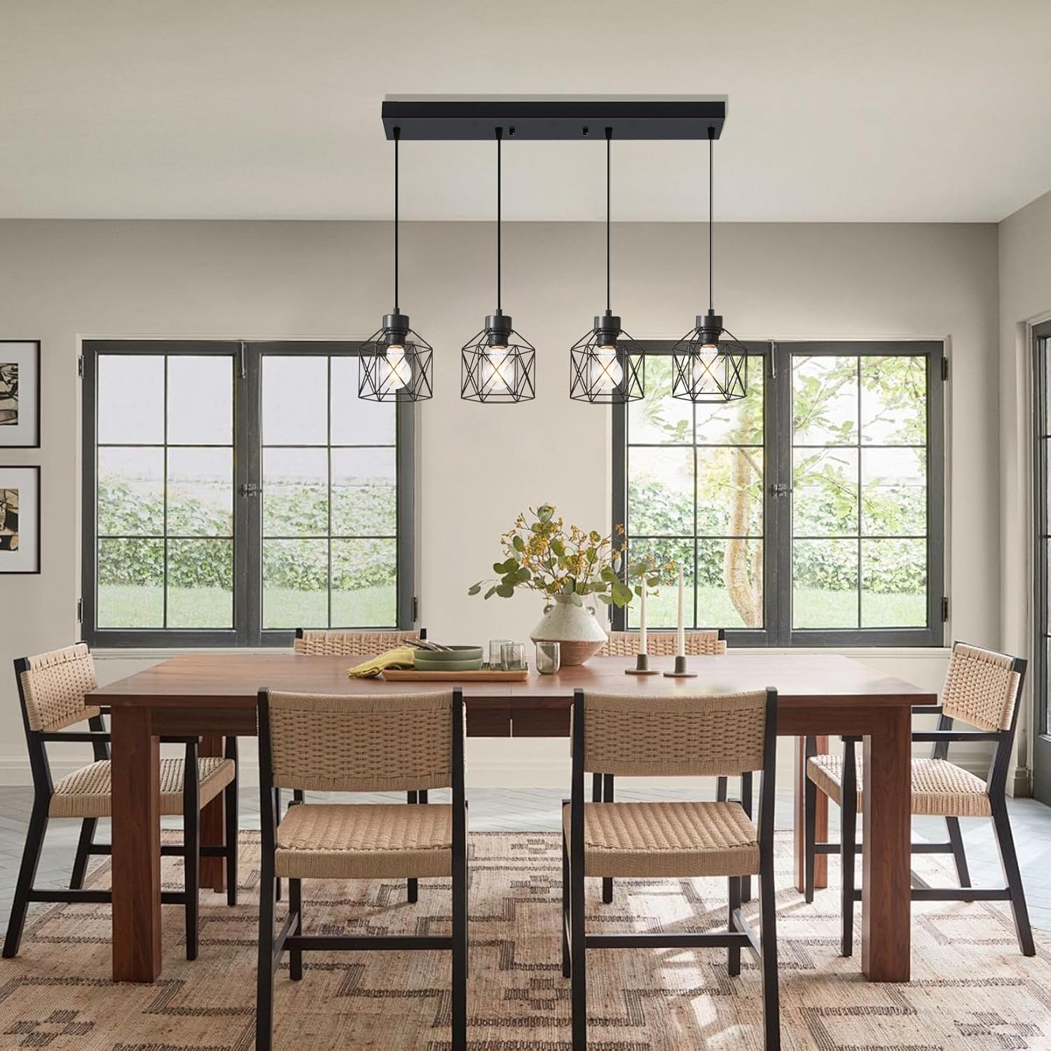 4-Light Hanging Pendant Light Fixtures, Farmhouse Kitchen Island Light Fixture, Industrial Hanging Pendant Lighting for Dining Room Bedroom Hallway, Black Metal Cage Pendant Lamp, E26 Base