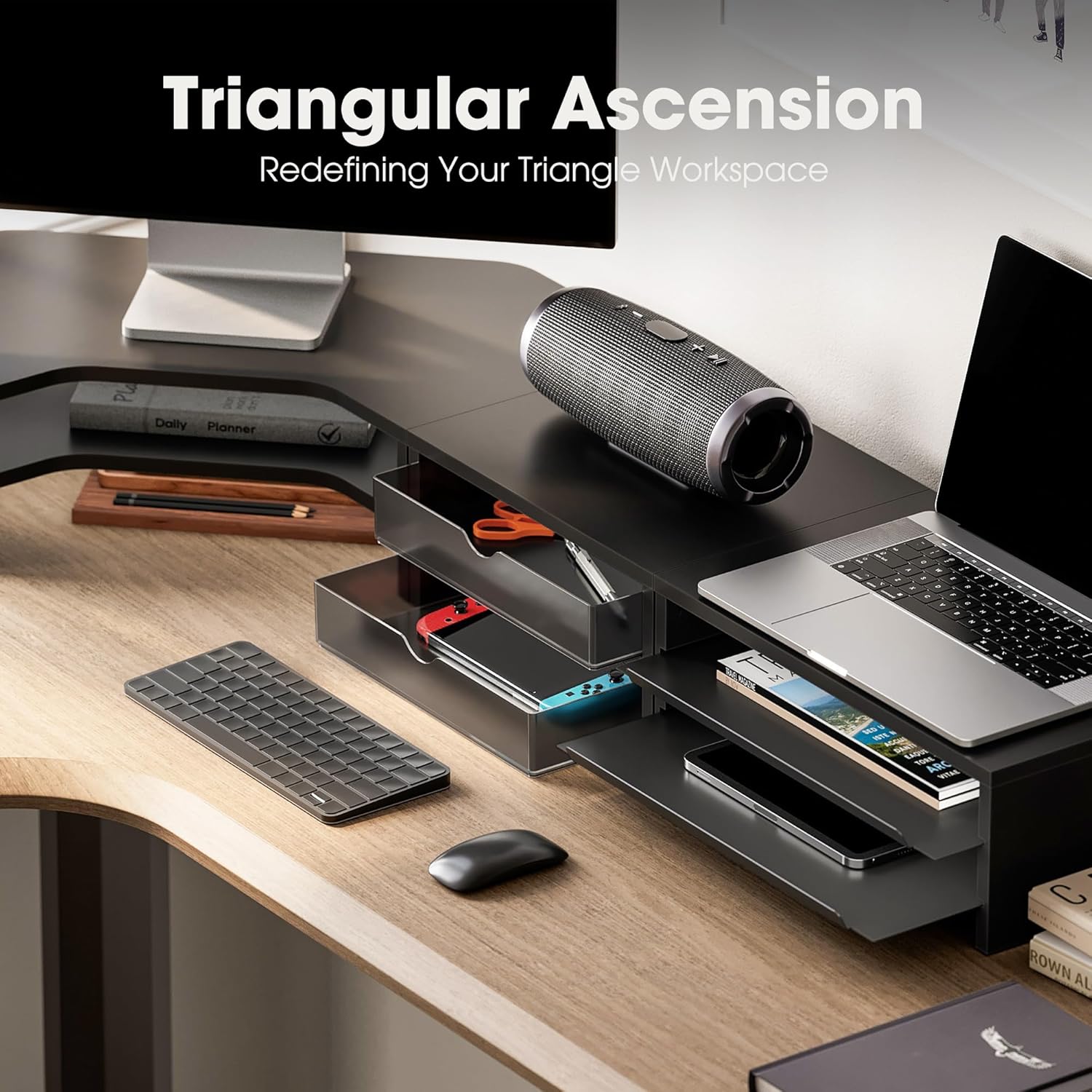 Fenge Dual Monitor Stand, Corner Monitor shelf with Drawer and Slide-Out Tray, 2 Tier Triangle Monitor Riser with Storage, Desk Shelf Organizer for Desk, Home Office, Computer, Laptop, Printer