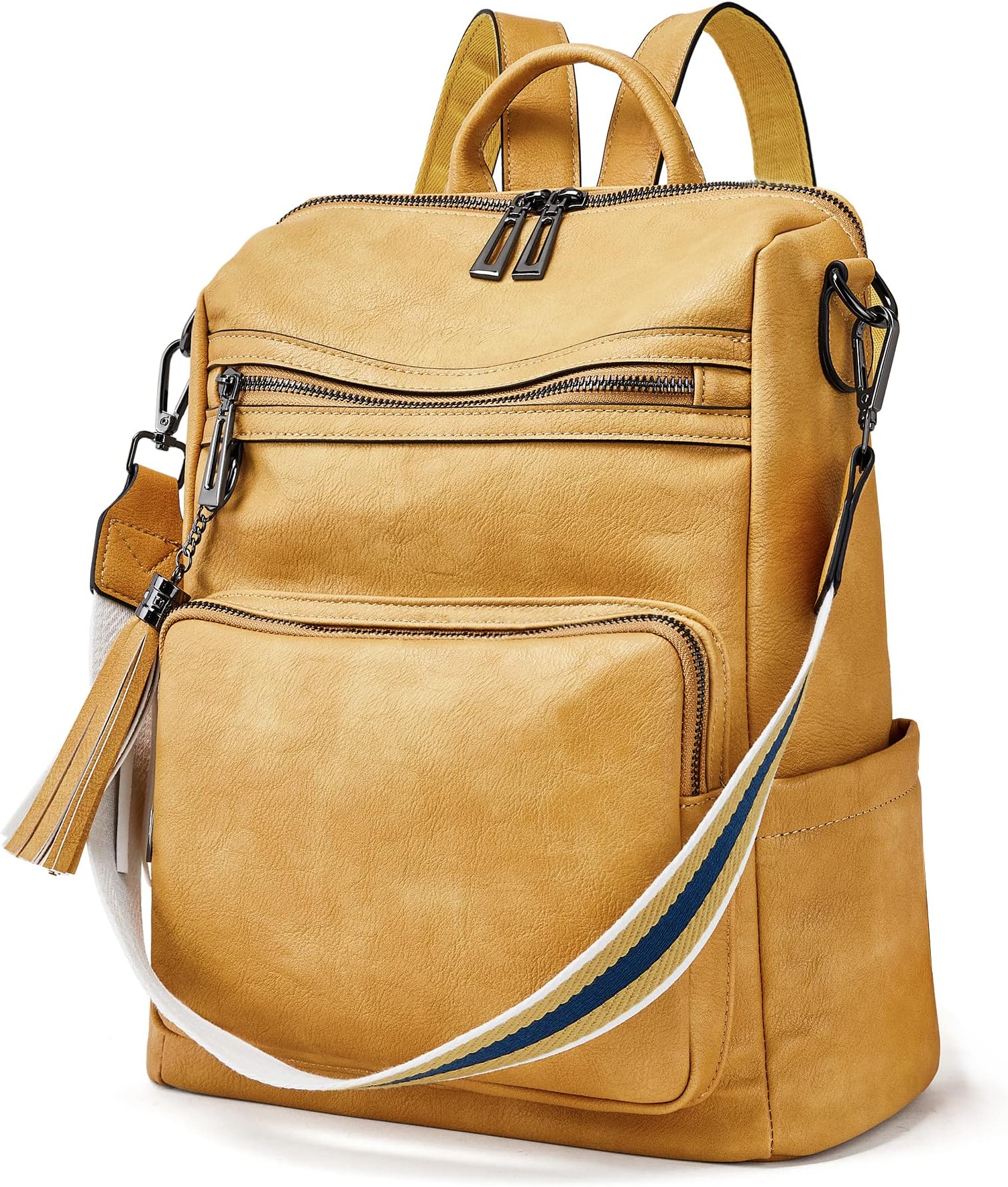 OPAGELeather Backpack Purse for Women With Bright Yellow Shoulder Strap Fashion Tassel Ladies Shoulder Bags Designer Large Backpack Travel Bag