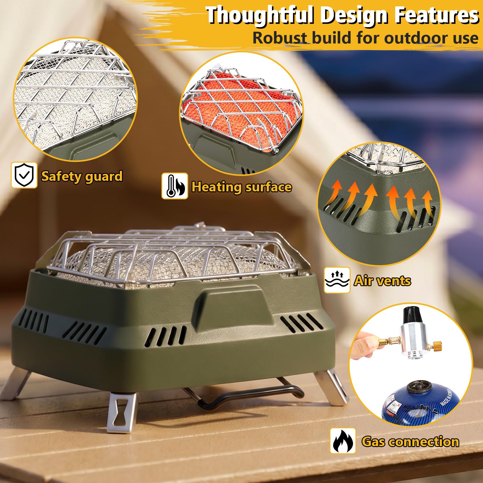 GFTIME Camping Heizung Gasheizstrahler 1100W, Tragbare Outdoor Gasheizung mit Aufbewahrungstasche, Mini Heizstrahler mit Edelstahl-Schutzgitter, manuelle Zündung, für Camping Angeln Garten Terrasse
