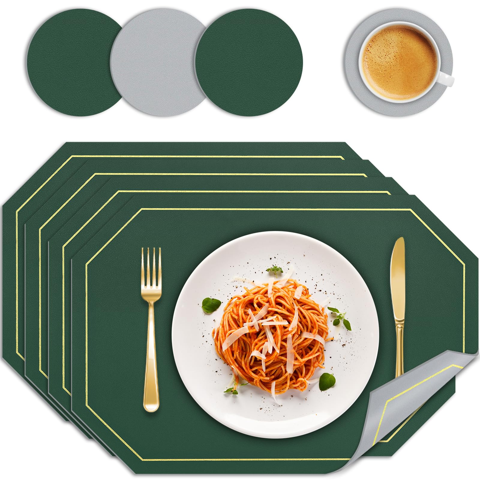 BOCHION Placemats Set of 4, Dual Sided PU Leather Place Mats and Coasters Heat Resistant Washable and Non Slip