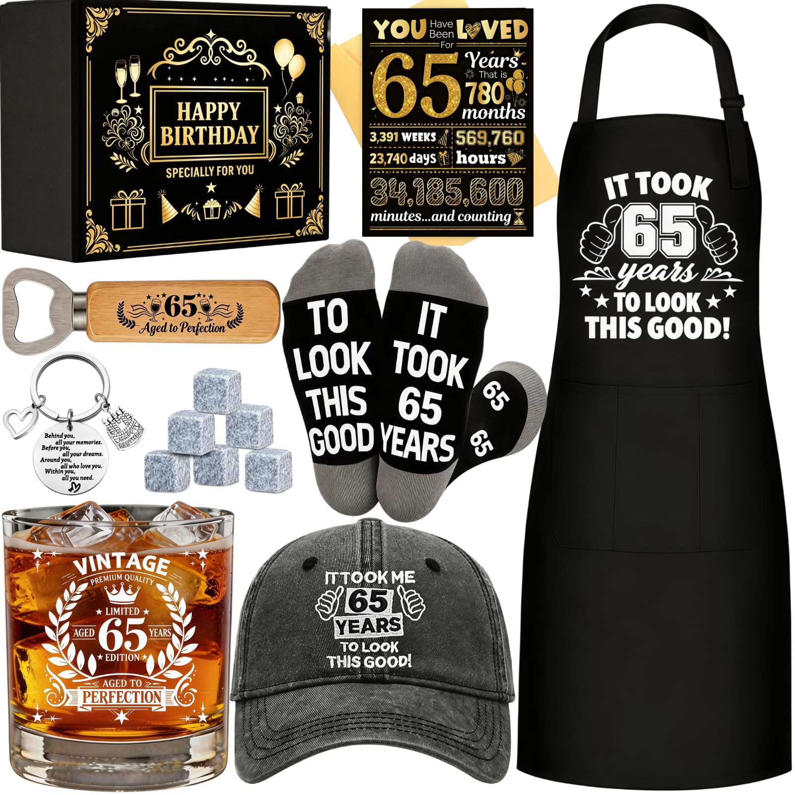 65th Birthday Gifts for Men Whiskey Glass Set, Cool Gifts for 65 Year Old Men with 11 Oz Whiskey Glass Apron Baseball Cap Sock Keychain Bottle Opener Greeting Card for Him Dad Husband Grandpa
