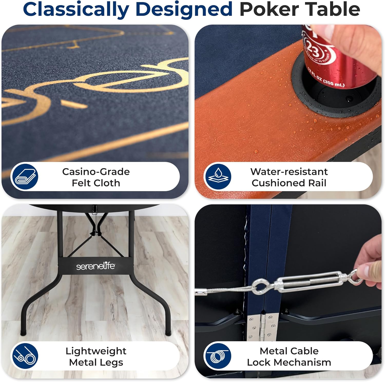 SereneLife 8 Player Foldable Poker Table, 71 inch Portable Casino Table for Texas Holdem w/Cushioned Rail & Cup Holders, Folding Game & Card Table