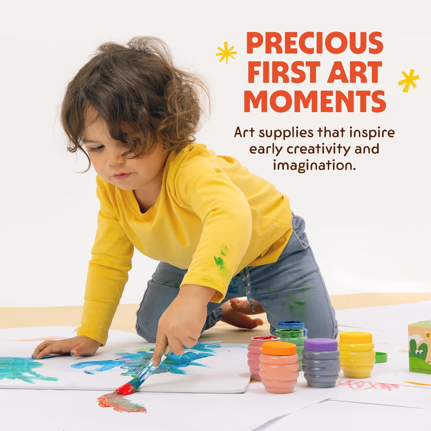 Honeysticks My First Paint Brush Set - 3 Pack: Ideal for Babies and Toddlers. Jumbo Brushes with Chubby Wood Handles for Easy Grip, Vegan. Includes Handy Storage Container