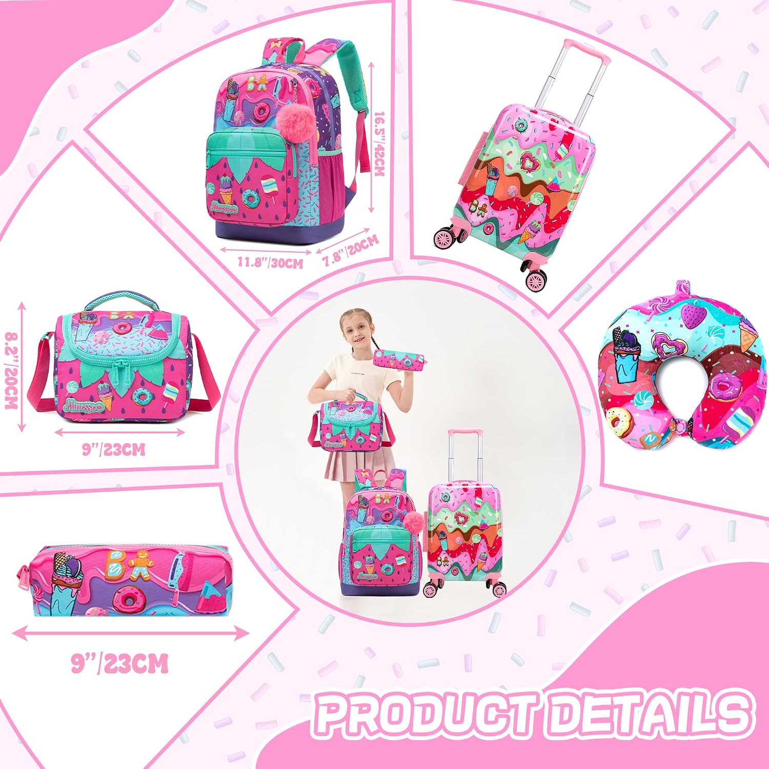 5 in 1 Suitcase for Kids 16inch Luggage Set for Girls Travel Suitcase Hard Shell Luggage Sets with Spinner Wheels Carry on Luggage Airline Approved