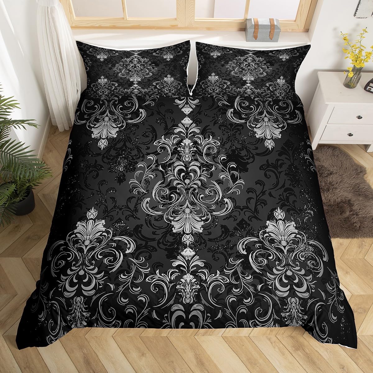 richhome Kids Damask Floral Bedding Set Single Size Ombre Grey Black Duvet Cover for Boys Girls Teens Bedroom Decor Vintage Jacquard Comforter Cover Soft Microfiber Exotic Floral With 1 Pillow Case — image 1
