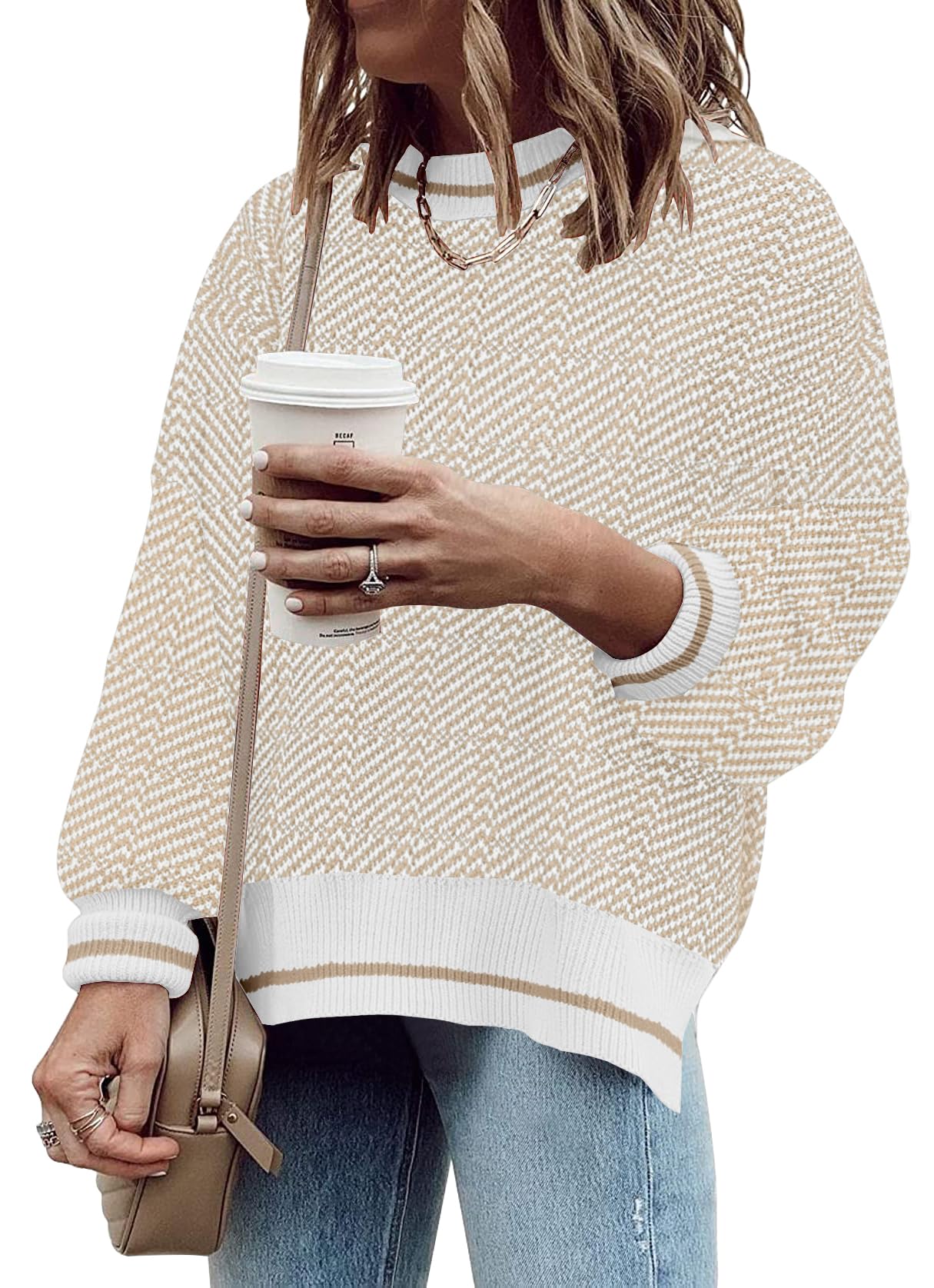 SAUKOLE Womens Sweaters Batwing Sleeve Side Slit Loose Knit Pullover Tops
