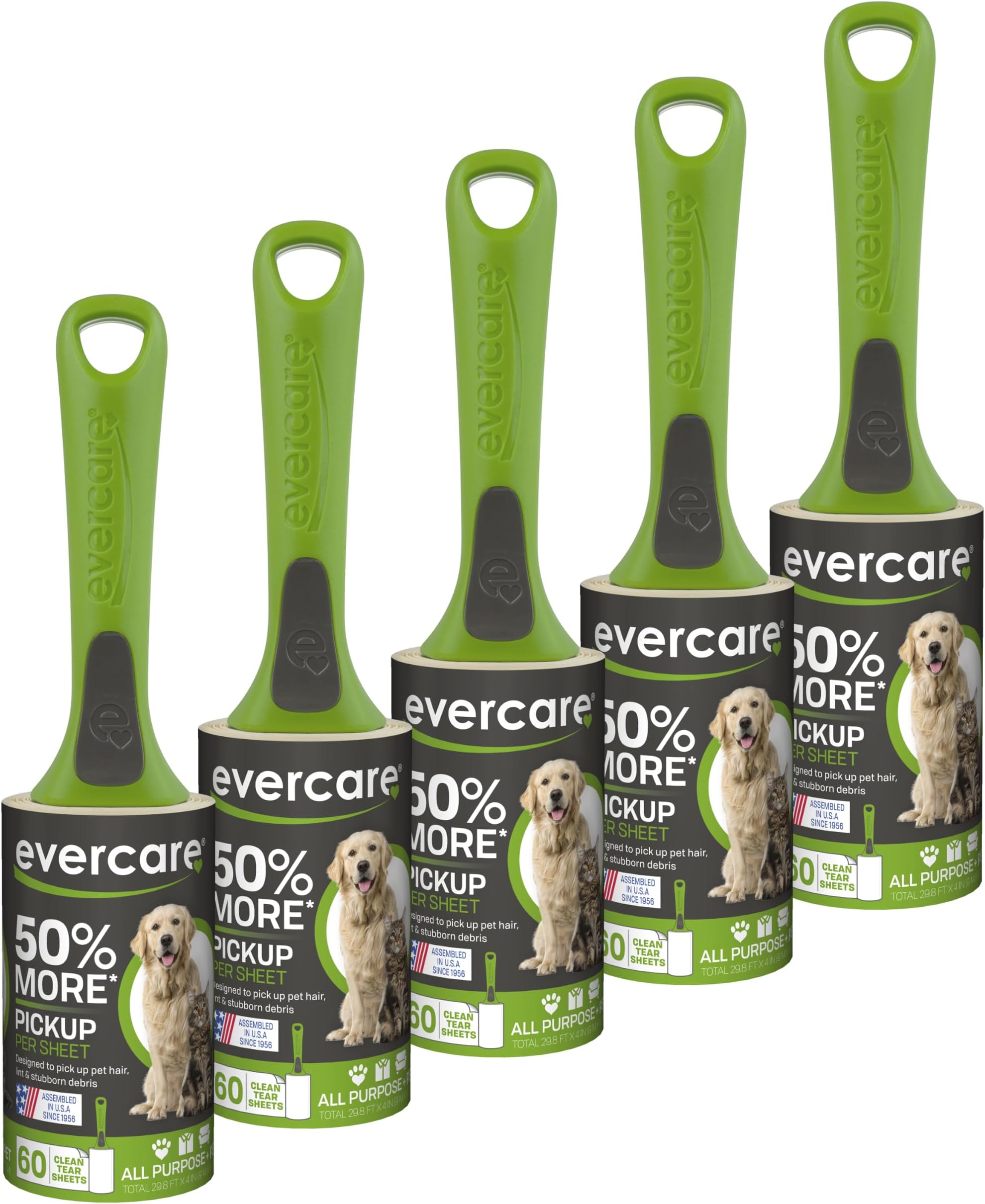 Evercare Giant Extreme Stick Lint Roller Brushes with 60 Easy-Peel Sheets, Pack of 5 Refillable Lint Rollers for Hair and Debris (300 Sheets Total)