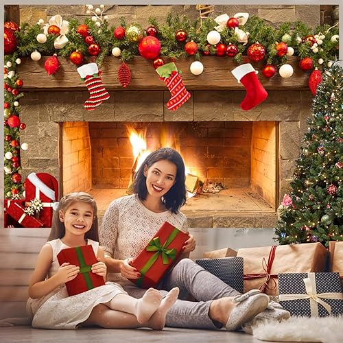 Miniatura 4 de Mocsicka Telón de fondo con temática de chimenea de Navidad para fotografía, árbol de Navidad, regalo de calcetín de fiesta familiar, papel tapiz de