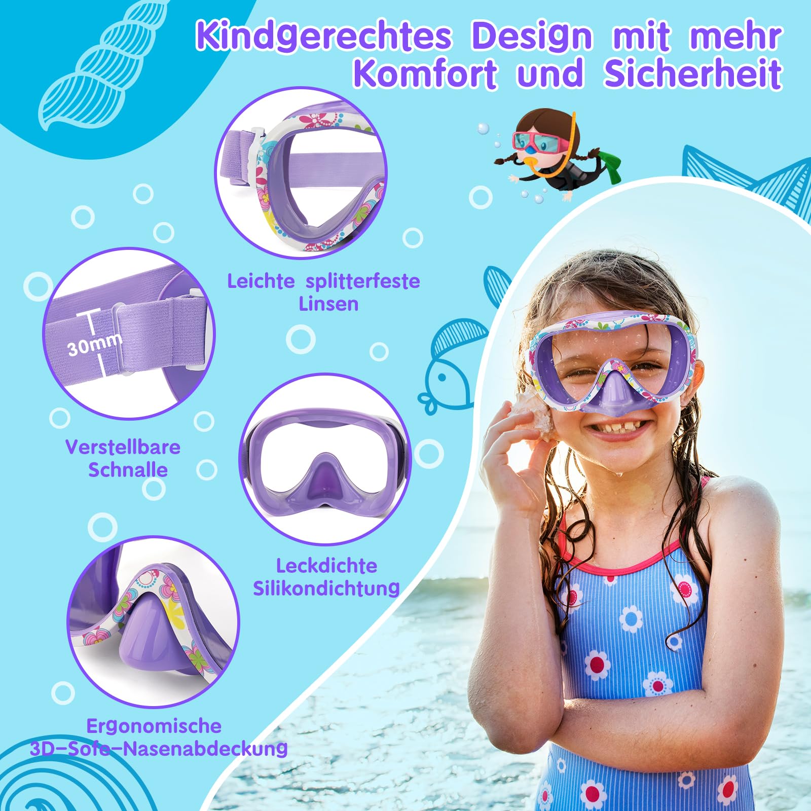 iGym Taucherbrille Kinder mit Stoffband,Schwimmbrille Kinder mit Nasenabdeckung für Jungen Mädchen,Anti-Fog UV-Schutz Taucherbrille Kinder 4-16 jahre,Verstellbare Silikon Schwimmbrille für Kinder