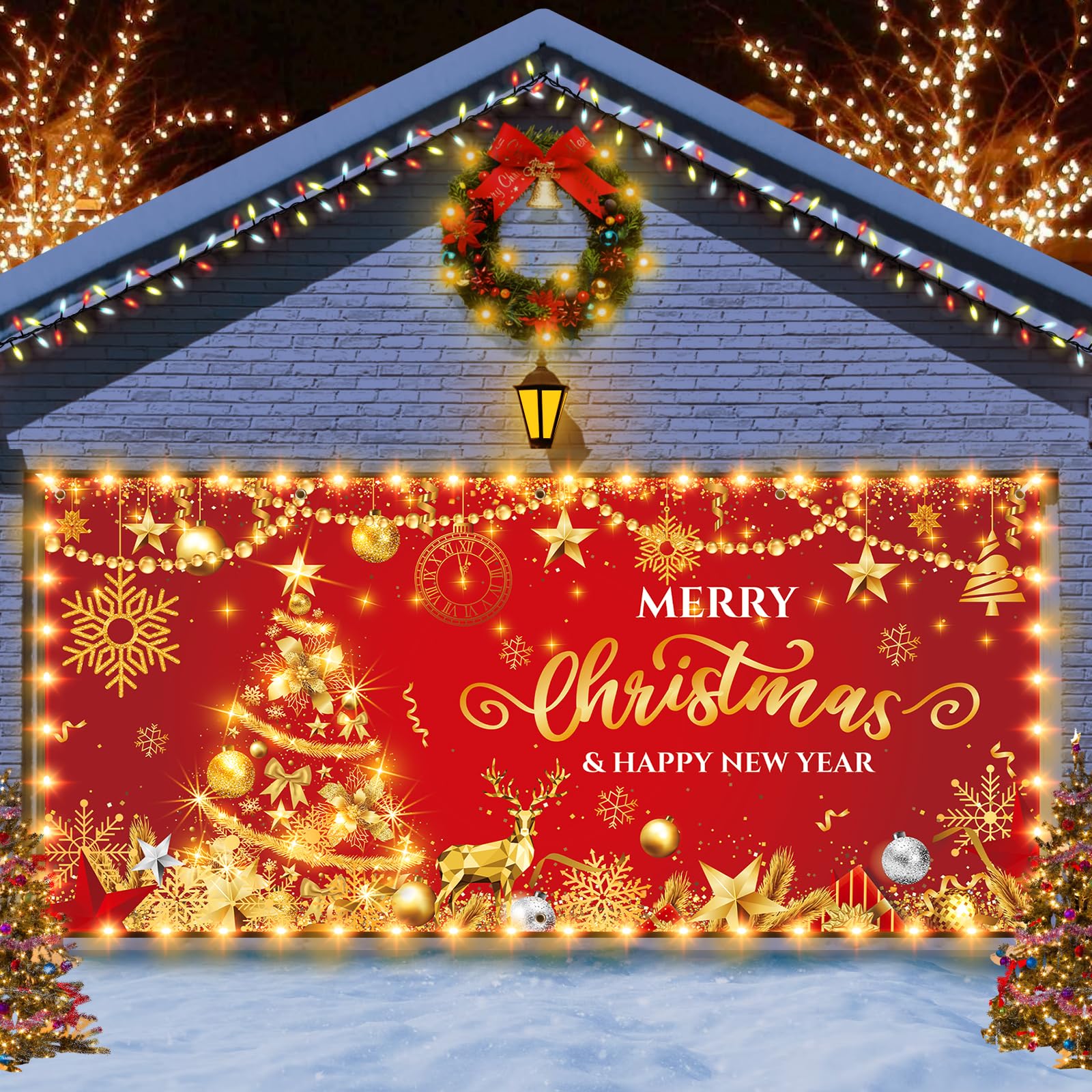 christmas garage door banner decorations with led string lights red merry christmas garage door cover glitter gold christmas tree snowflake photo backdrop for xmas holiday indoor outdoor decor 6x13ft