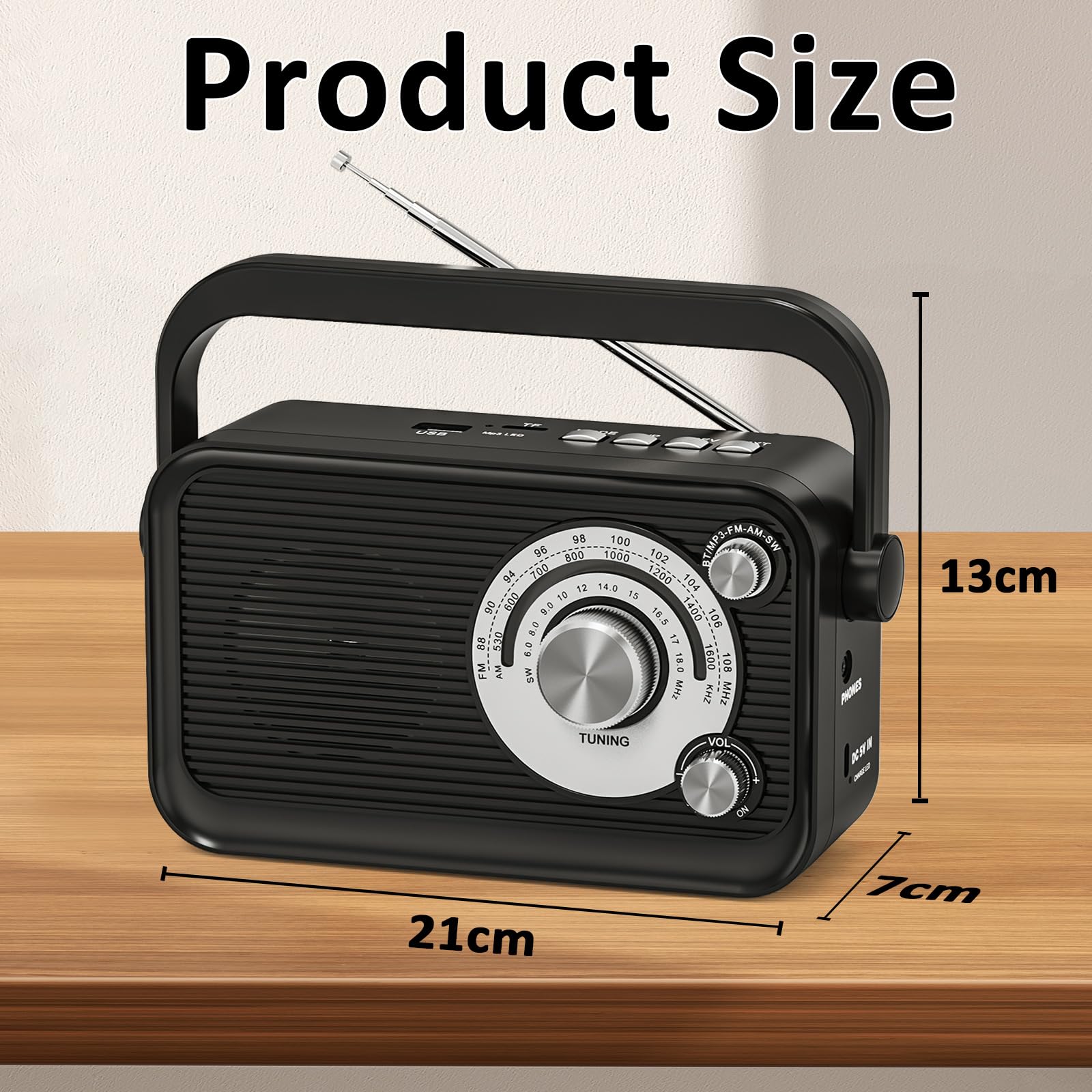 Tendak Tragbares Radio, Kofferradio UKW/FM/AM/SW, Transistorradio Batterie Radio mit Bestem Empfang, Kopfhöreranschluss, Bluetooth, 5W Großem Lautsprecher, USB/TF