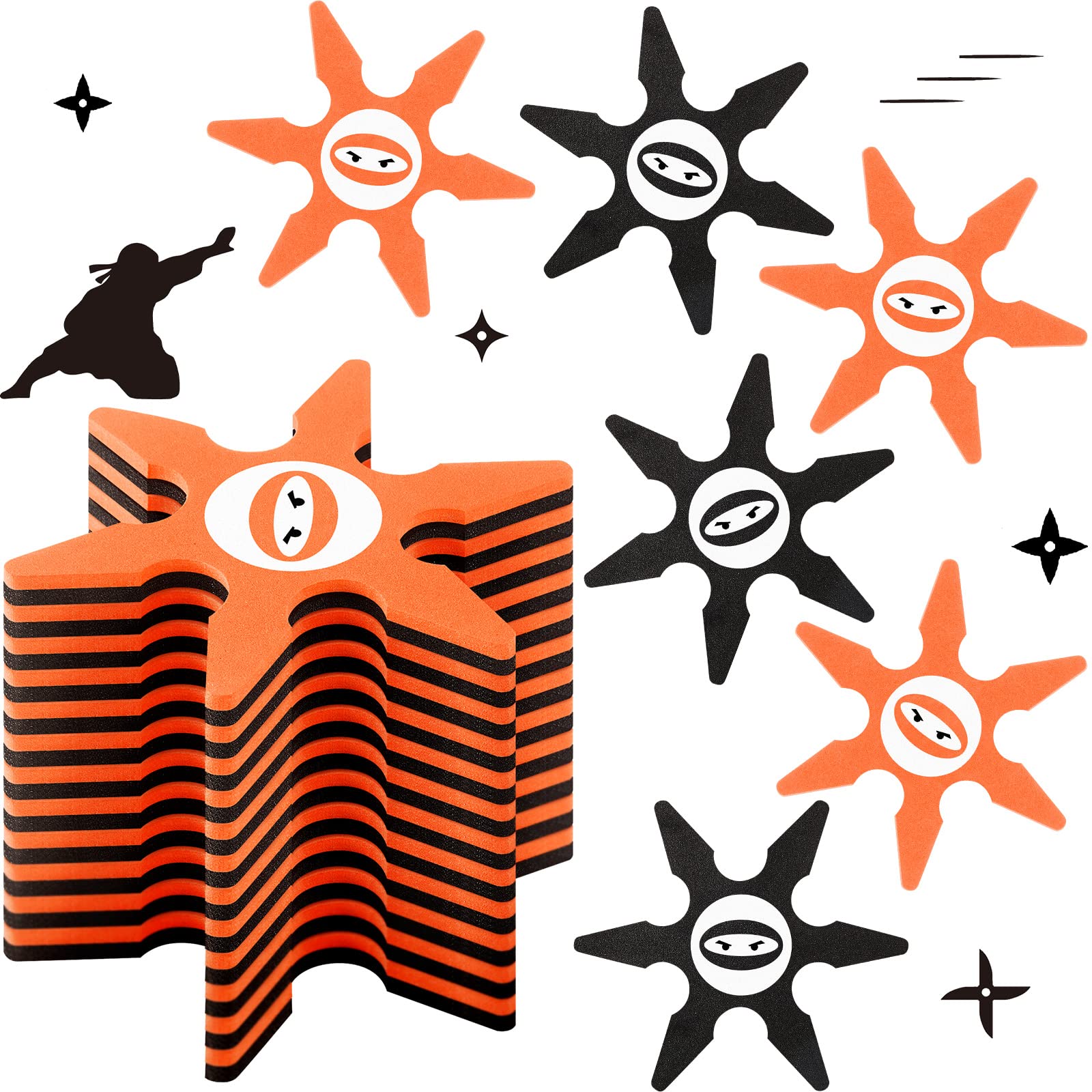 48 Pcs Ninja Foam Star Toys Throwing Stars Foam Throwing Toys for Boys Gift Ninja Party Favors Birthday Party Decorations, 4 Inch, Black and Orange