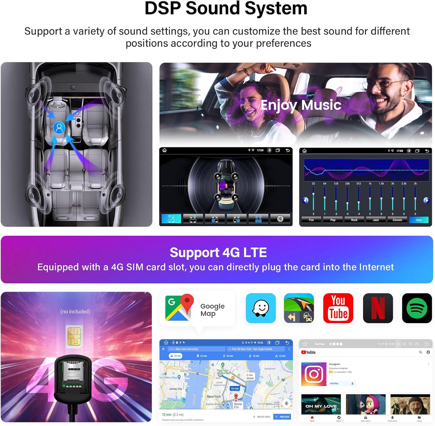 Screenshots illustrating DSP sound settings and 4G LTE connectivity features