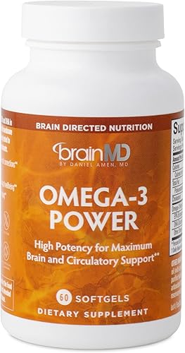 BRAINMD Dr Amen Omega-3 Power - 60 cápsulas - Suplemento de apoyo articular e inmunológico - Contiene DHA y EPA - Sin gluten - 30 porciones