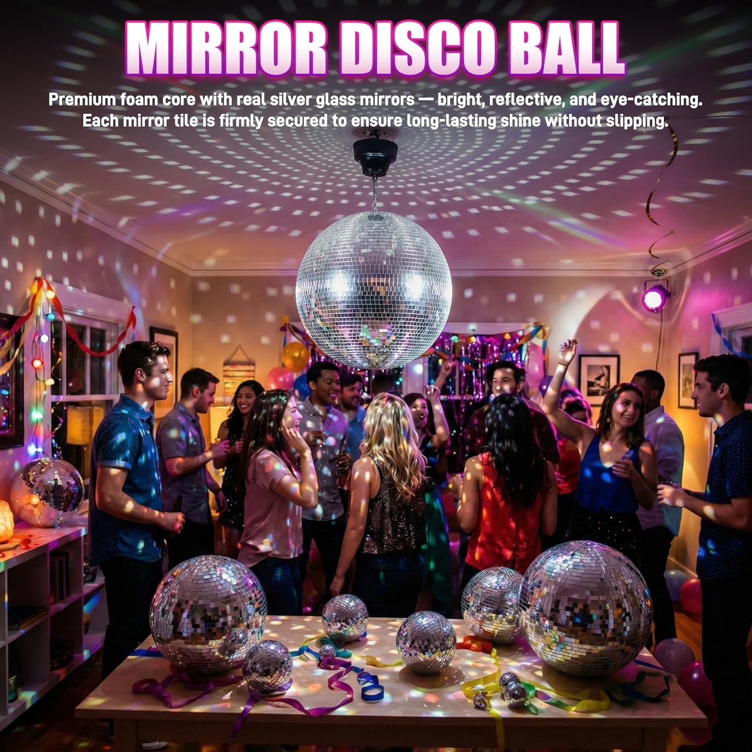 17 Pcs Disco Ball Set, Large & Mini Silver Mirror Balls (12", 8", 6", 4", 3.2"), Reflective Glass Hanging Ornaments for 70s Party, Wedding, Stage Decor, Christmas Tree & New Year Decoration