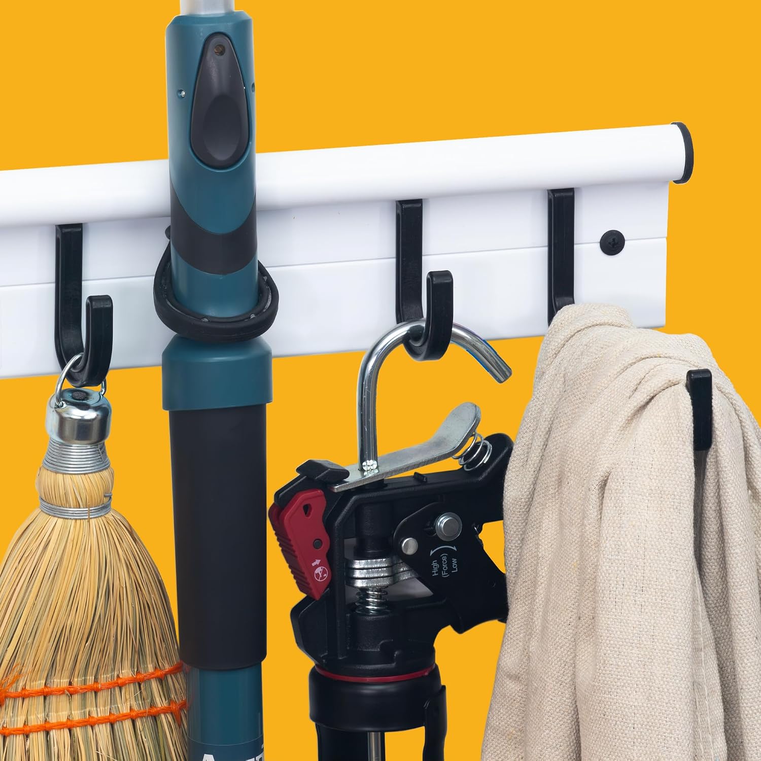 18-Inch Wall-Mounted Storage System with Adjustable Hooks – Heavy-Duty Organizer for Tools, Brooms, Mops, and More – Ideal for Garages, Kitchens, Closets, and Sheds