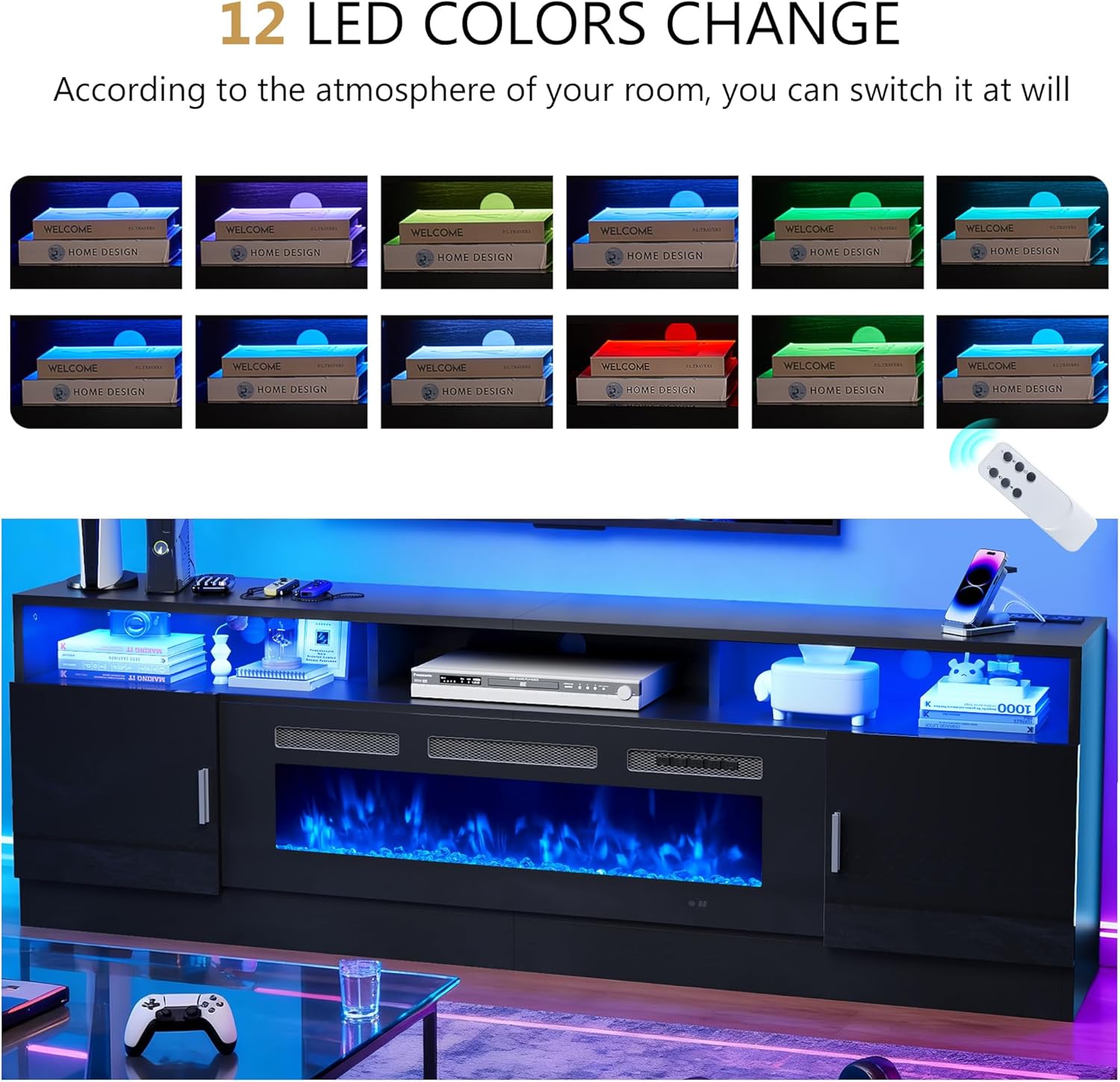 70" Fireplace TV Stand with Power Outlet, Entertainment Center with 36" Fireplace for TVs Up to 80", Modern TV Console for Living Room with High Gloss Storage Cabinet & LED Lights, Black-Black