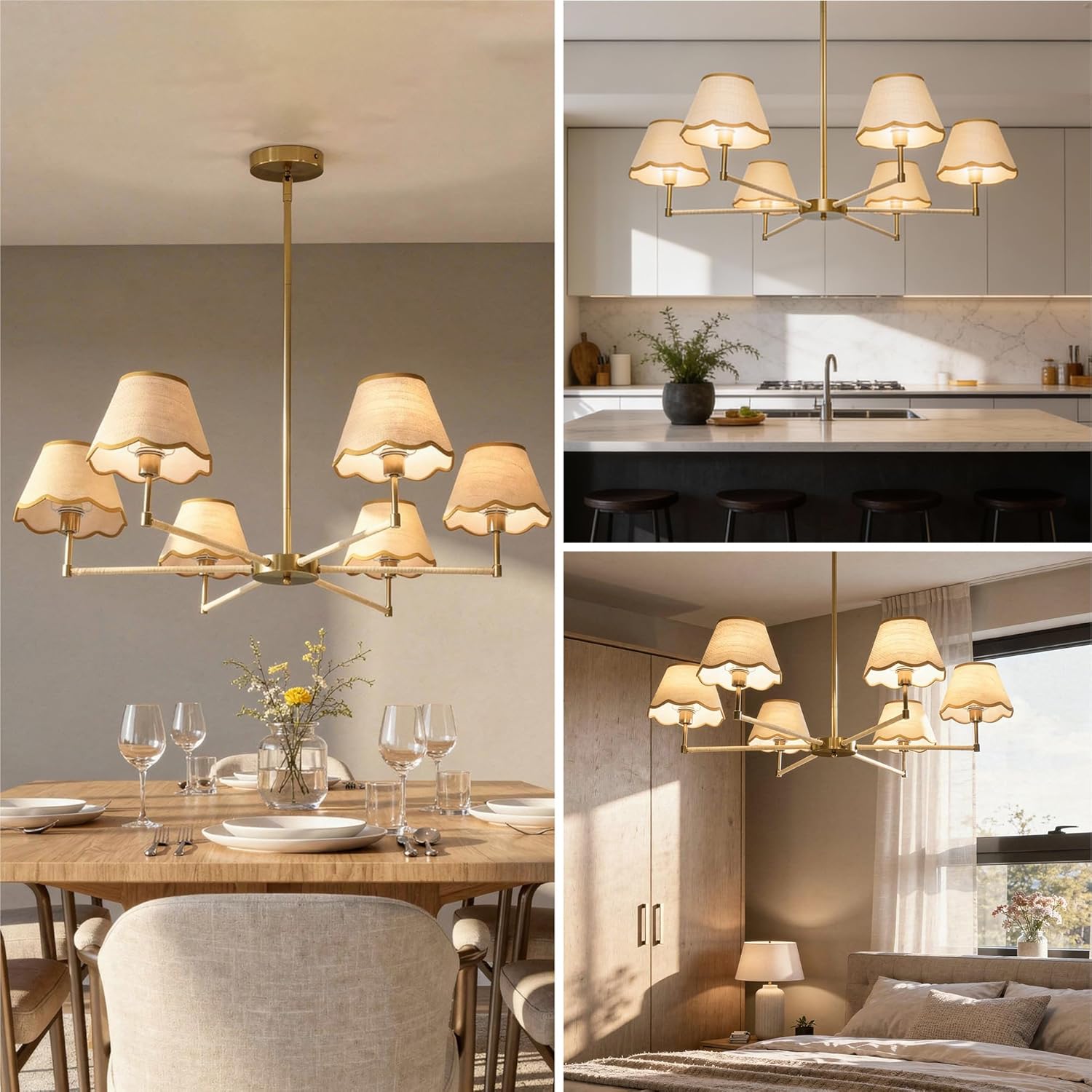 Large Rattan Chandelier Boho Style, 6-Light Rattan Pendant Light Fixture for Living Room, 39”Adjustable Cottage Rattan Hanging Lamp Ceiling Light for Dining Kitchen Island, E12 Socket