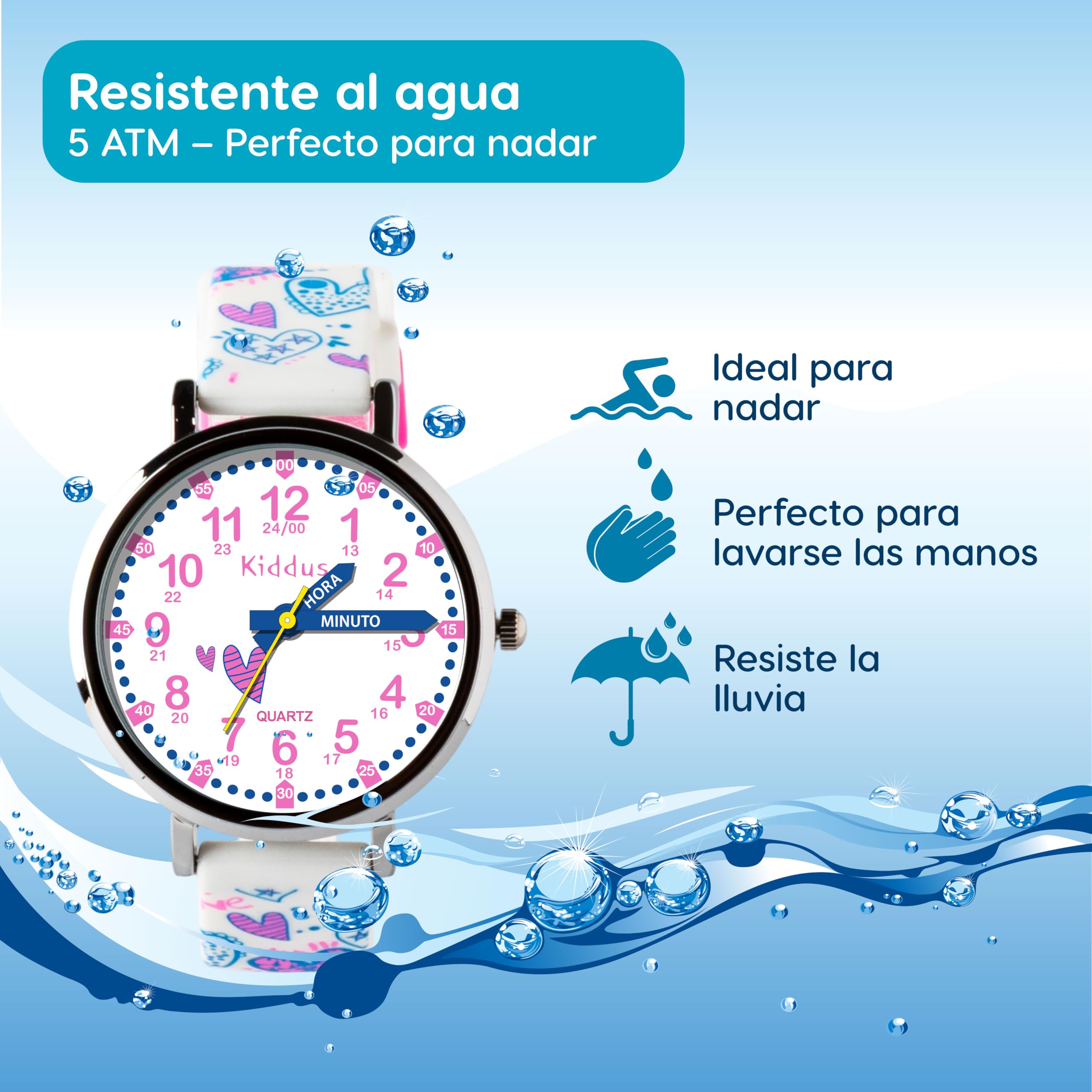 Kiddus Orologio Educativo per Bambino e Bambina dai 5 ai 10 Anni, Impermeabile 5ATM, Orologio Analogico Didattico per Imparare l'Ora, Movimento Giapponese