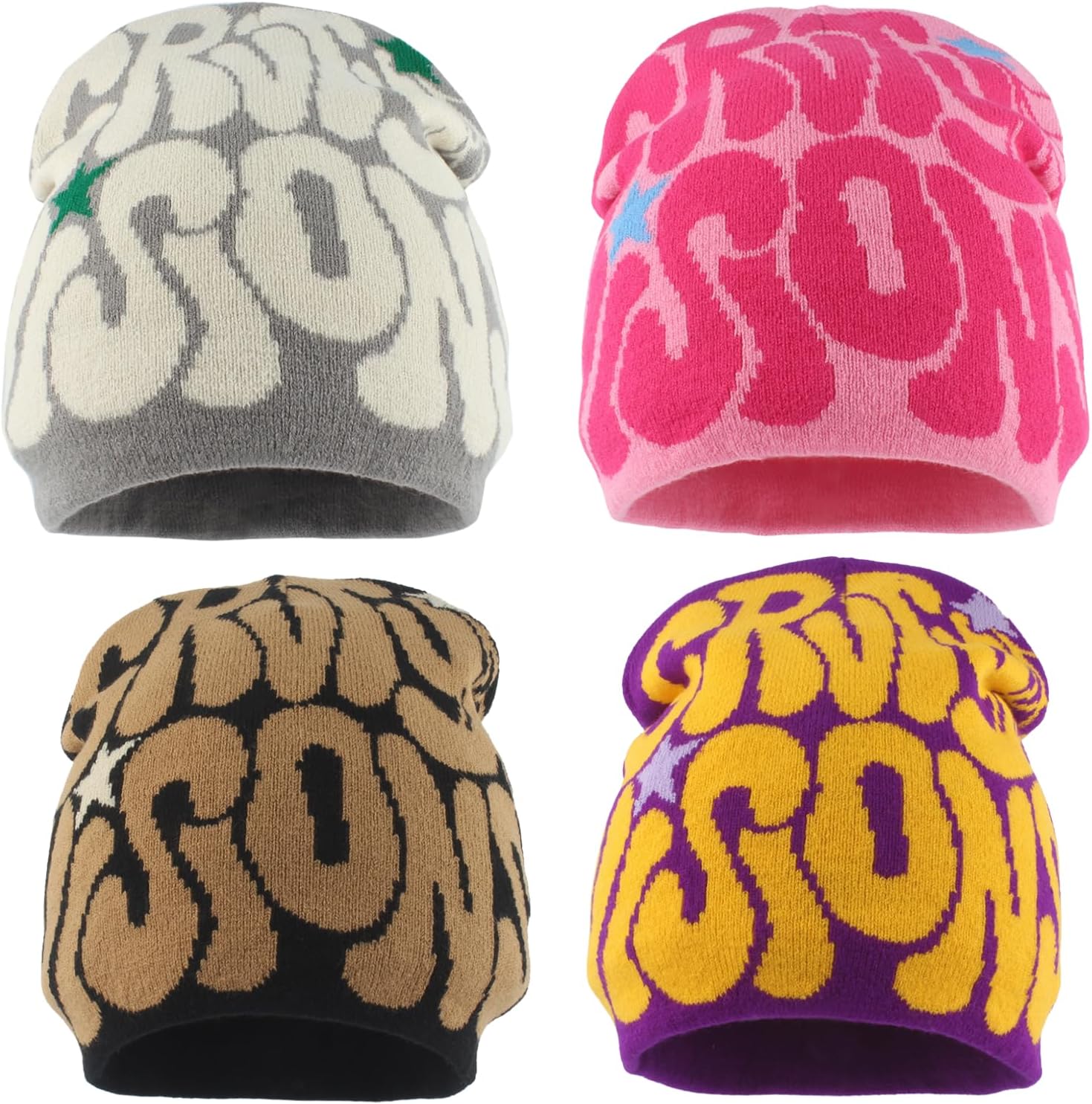 yolrdiw 4 Pieces Y2k Beanie Letter Graphics Knitted Hat Winter Warm Skull Cap for Women Men