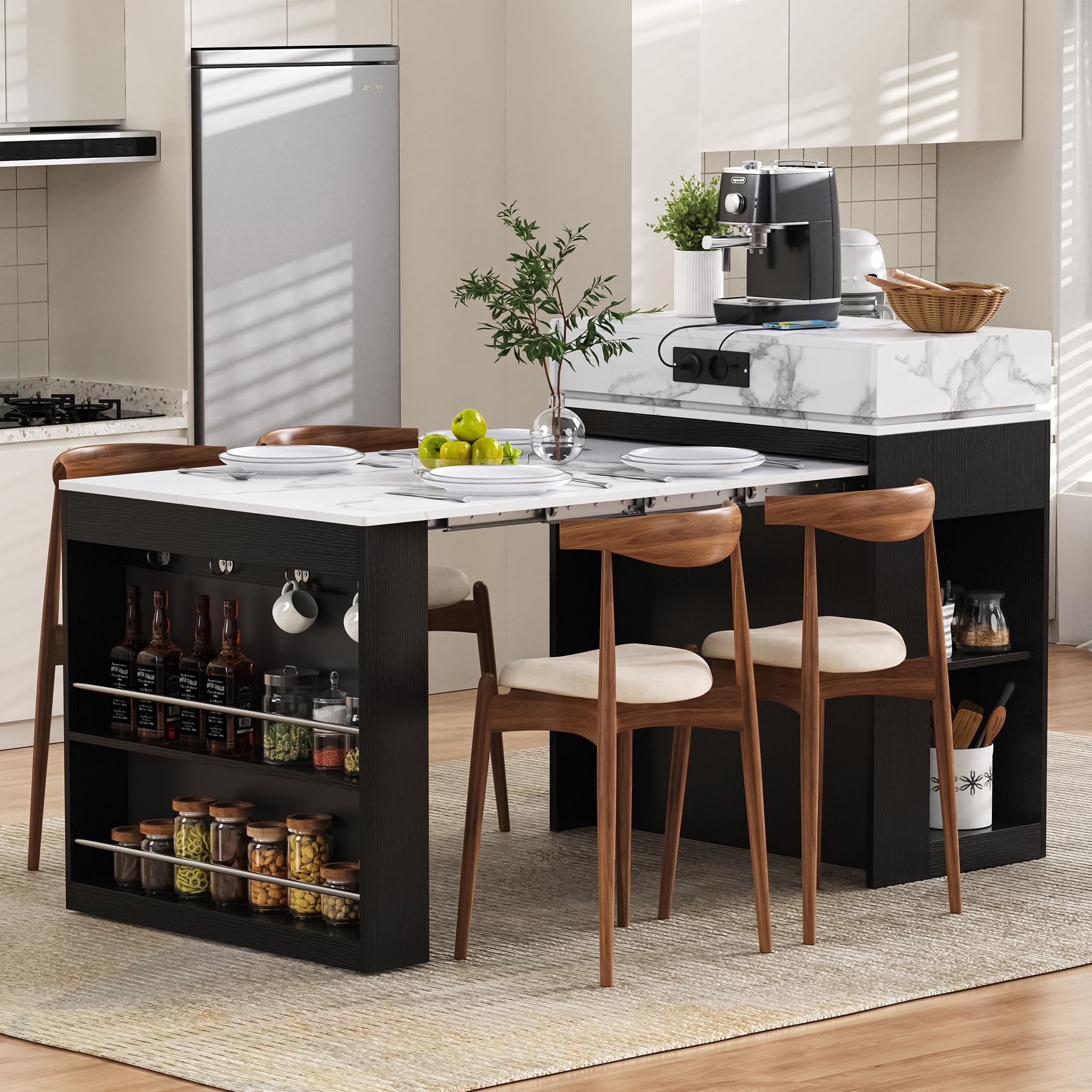 Isola cucina con ruote, 83 × 46 – 146,5 x 96 cm, tavolo da pranzo allungabile con piano pieghevole con gancio, credenza o tavolo da bar per cucina e sala da pranzo