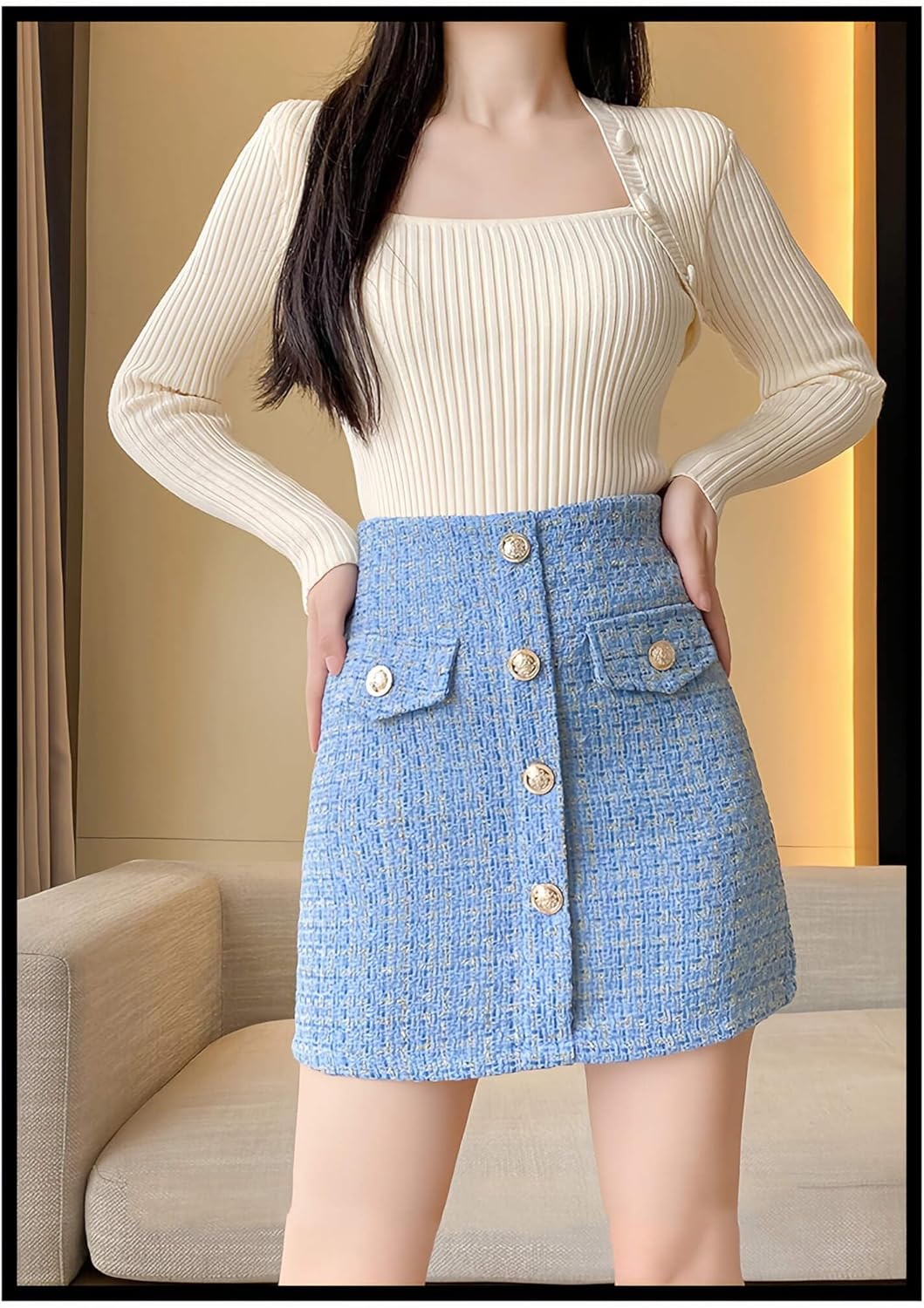 ADWAXDA Women Plaid Pencil Mini Skirt Fall Winter Cute Tweed Bodycon Wrap Short Skirts - Image 3