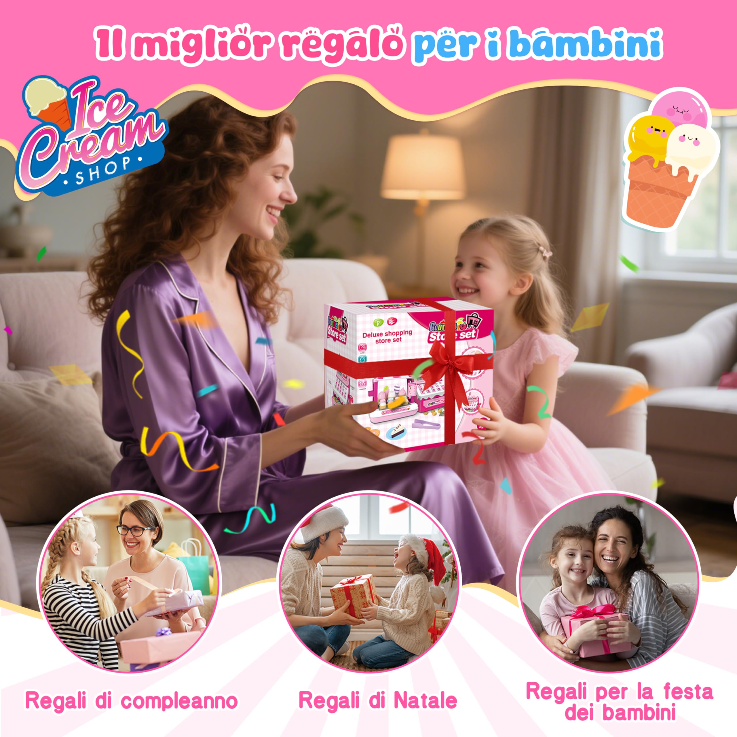 Charmofun Gelateria Giocattolo per Bambini - Incl. 48 Accessori (15 Gelati, 5 Torte, 7 Posate, Soldi Finti Ecc.), Cassa Negozio per Giochi di Ruolo, Cassa Giocattolo per Bambini Dai 3+ Anni