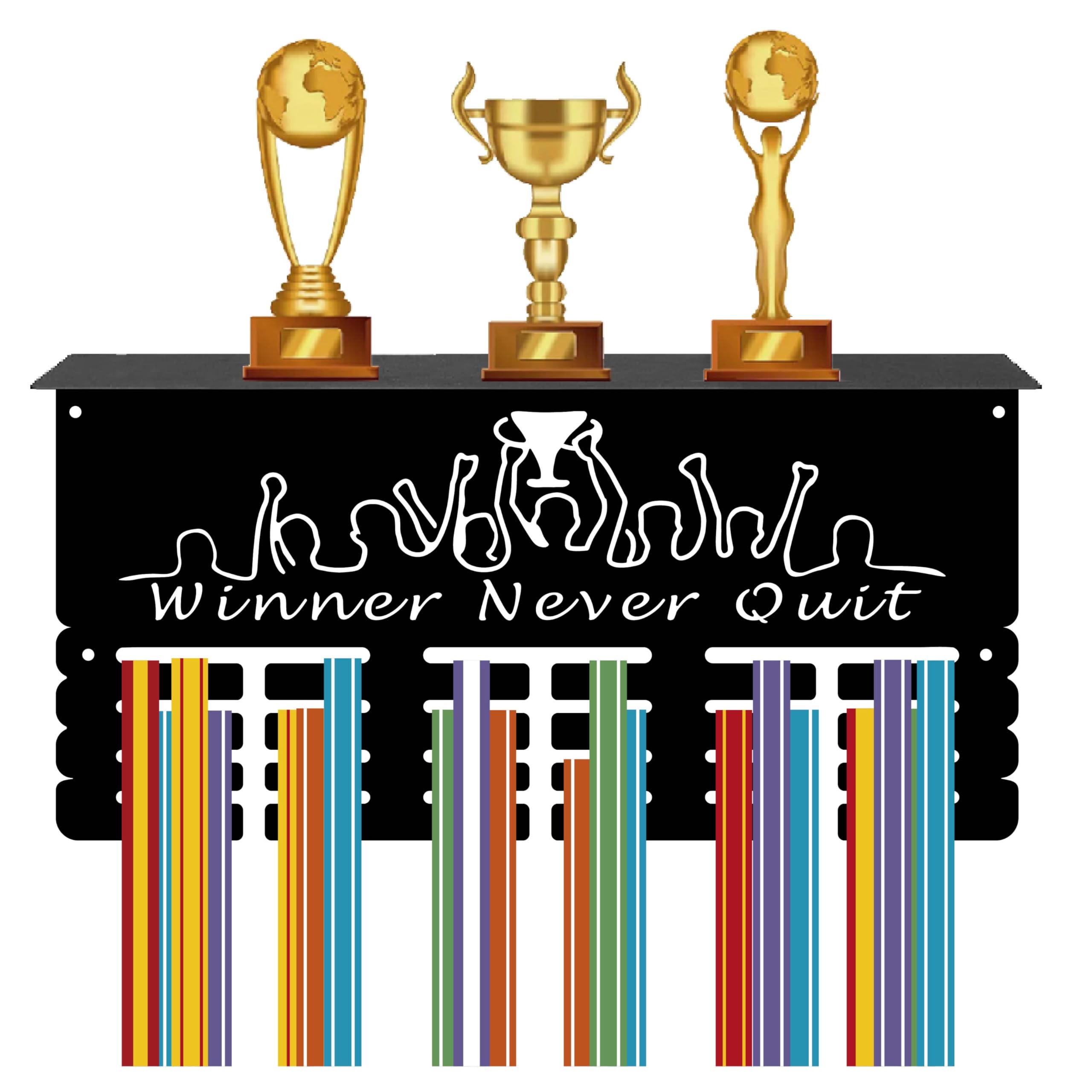 CREATCABIN Medaillenhalter,Trophäenregal,Medaillenaufhänger,Display Mit Regalständer,Sport,4 Reihe,Wandhalterung,Für Fußball,Laufen,Schwimmen,Auszeichnungenständer,40x20x10 cm-Gewinner Gibt Nie Auf