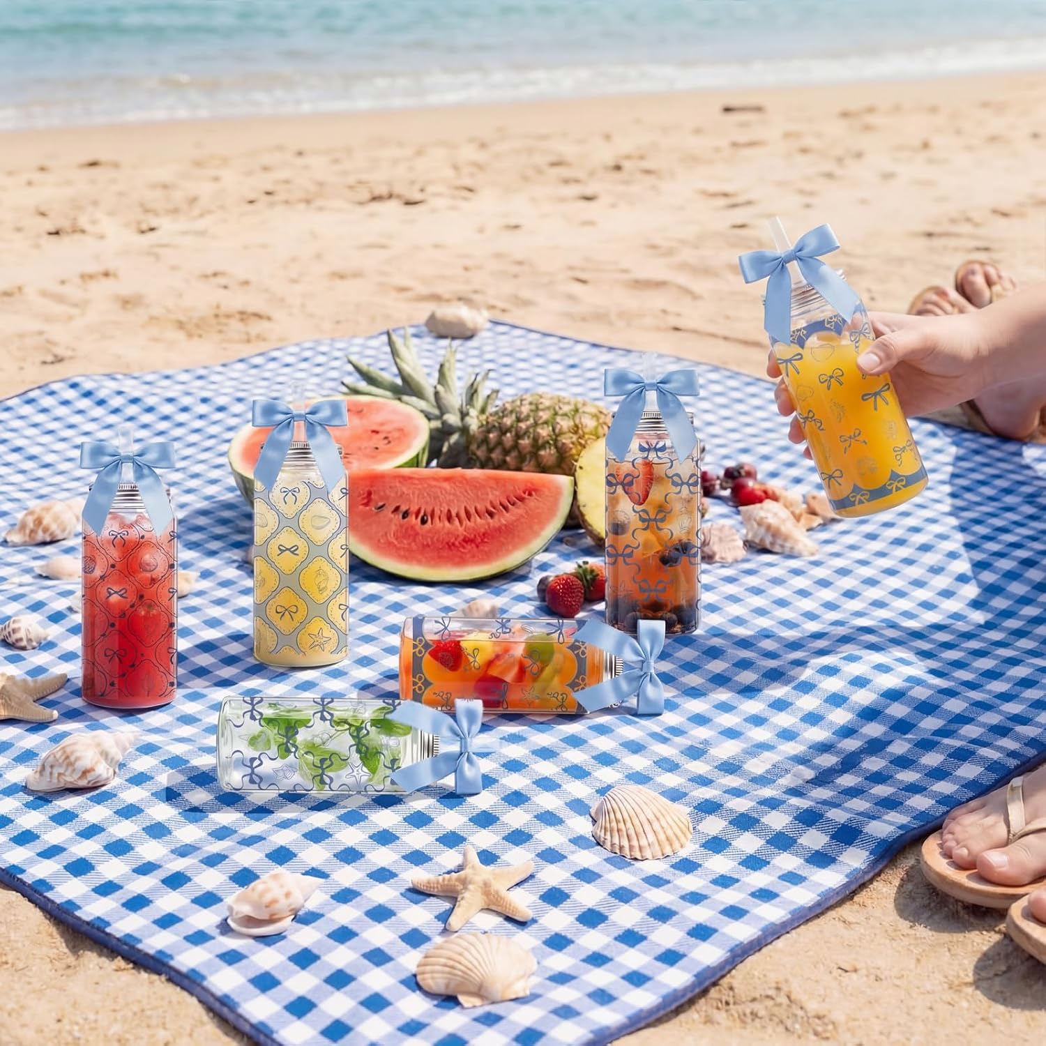 LemonRoad 12 Pack Seashell Party Decor Seashells and Wedding Bells Plastic Cups Bulk Reusable Clear Cup Lid Straw Blue Bow Summer Ocean Beach Party Supplie for Birthday Wedding Bachelorette Engagement