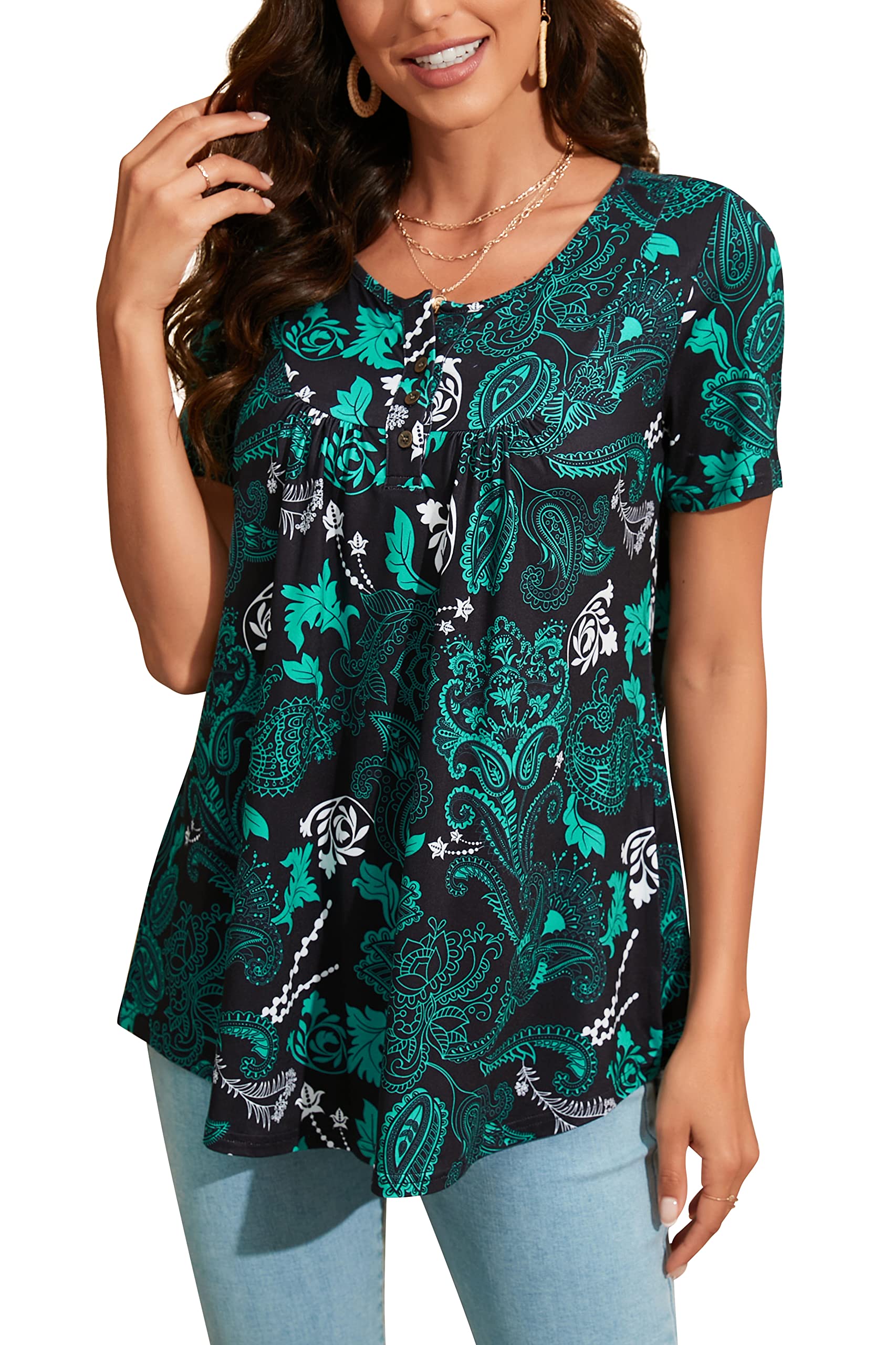 Enmain Mujeres Casual Túnica Tops Manga Larga Plisado Señoras Swing Tops Blusa Suelta Botones hasta V-Cuello Más Tamaño Túnica Camiseta para Mujer S-3XL