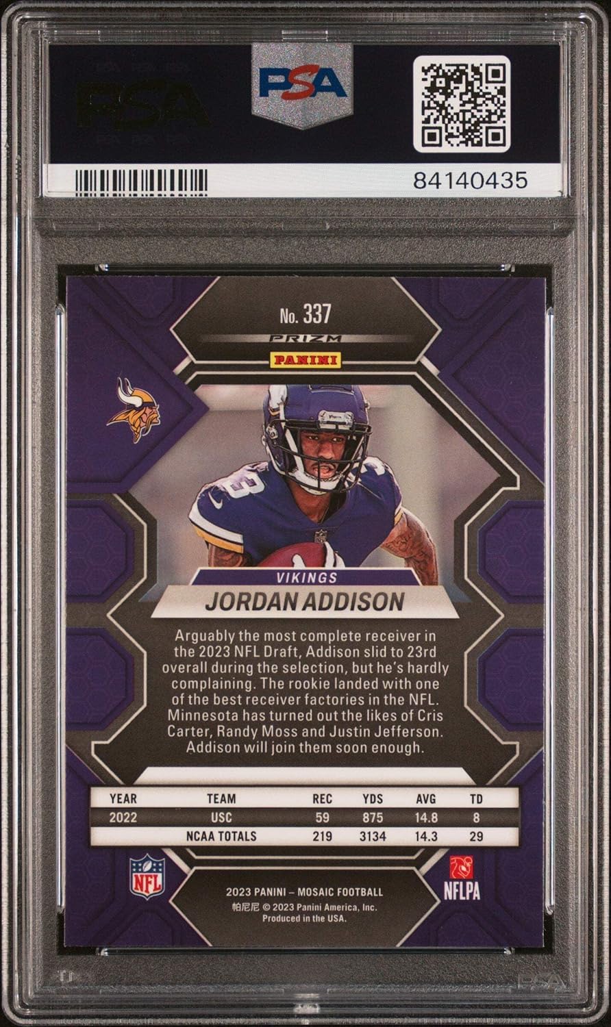 Graded 2023 Panini Mosaic Jordan Addison #337 Mosaic Rookie RC Football Card PSA 10 Gem Mint