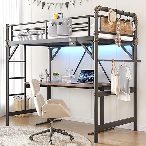 Miniatura 9 de Cama tipo loft tamaño twin con luces LED y estación de carga, marco de cama loft de metal industrial resistente con escalera y barandilla para niños