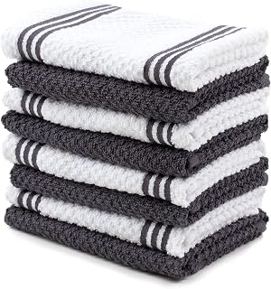 Sticky Toffee Cotton Dishcloths Set of 8 - 100% Oeko-Tex Absorbent 12x12 Gray White Reusable Kitchen Towels