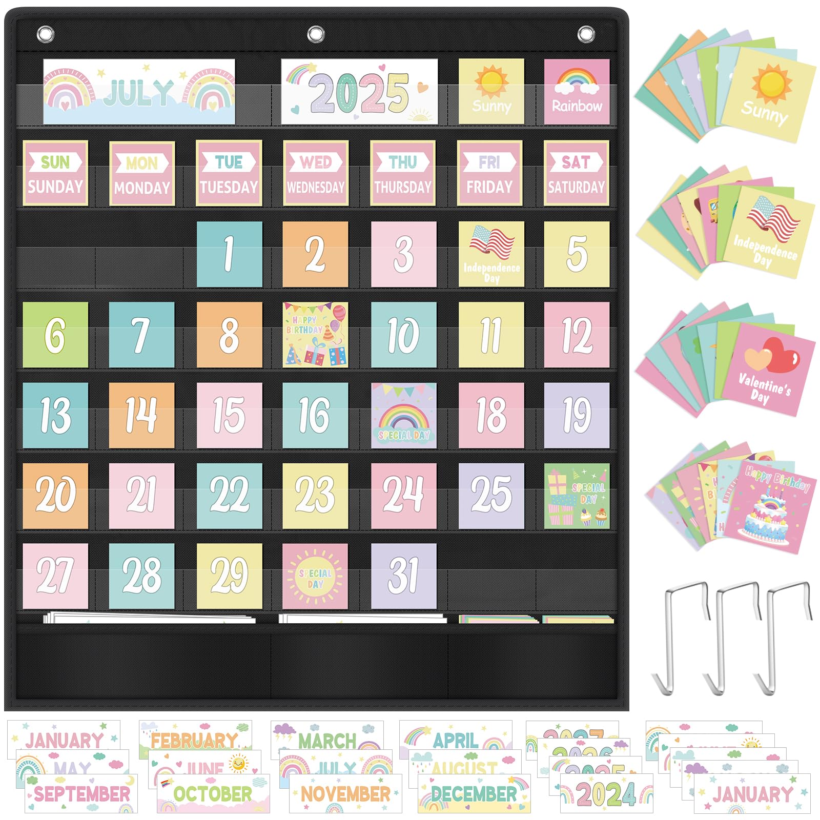 Pastel Classroom Calendar Pocket Chart for Kids Learning with 101 Cards, Black Classroom Calendars Set, Classroom Pocket Calendar Chart for Preschool