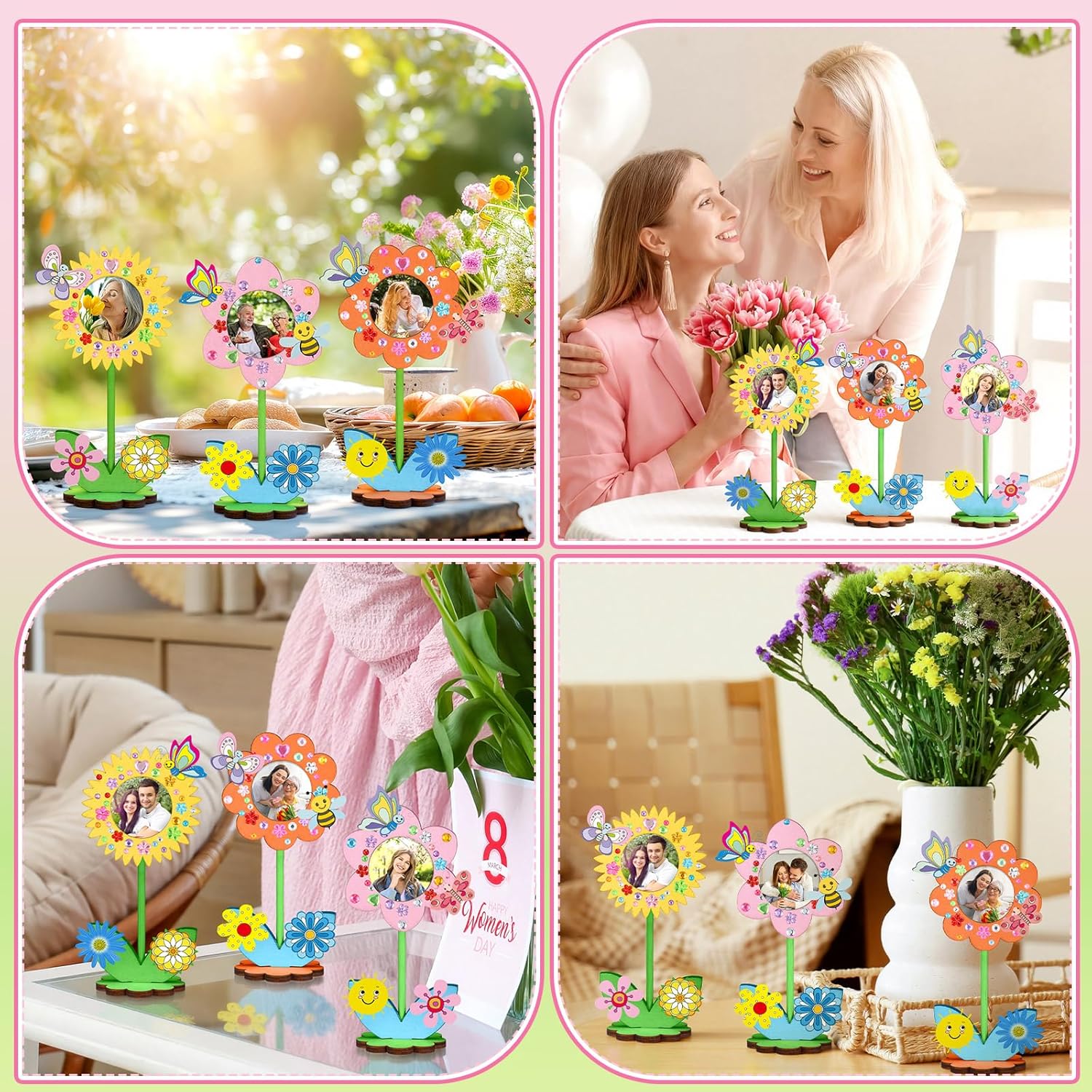 24 Sets Mother's Day Crafts Bulk Spring DIY Flower Picture Frame Kit Unfinished Solid Wood Flower Picture Frames Craft with Gems Sticker Paint Brush for DIY Birthday Party Gift(Assorted Styles)